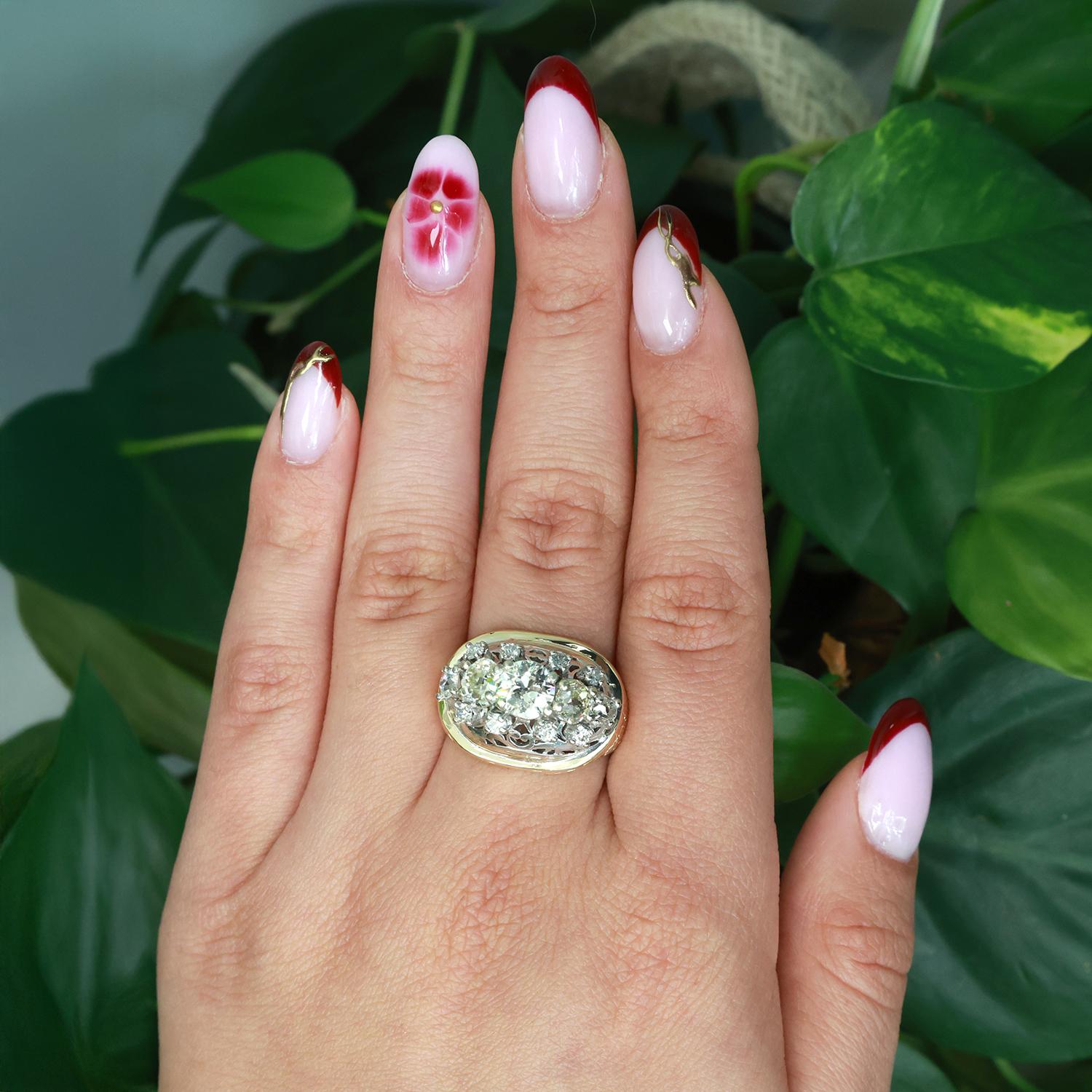 Old Euro Diamond Filigree Statement Ring Platinum 14K Gold 3.28 TW Size 9.25