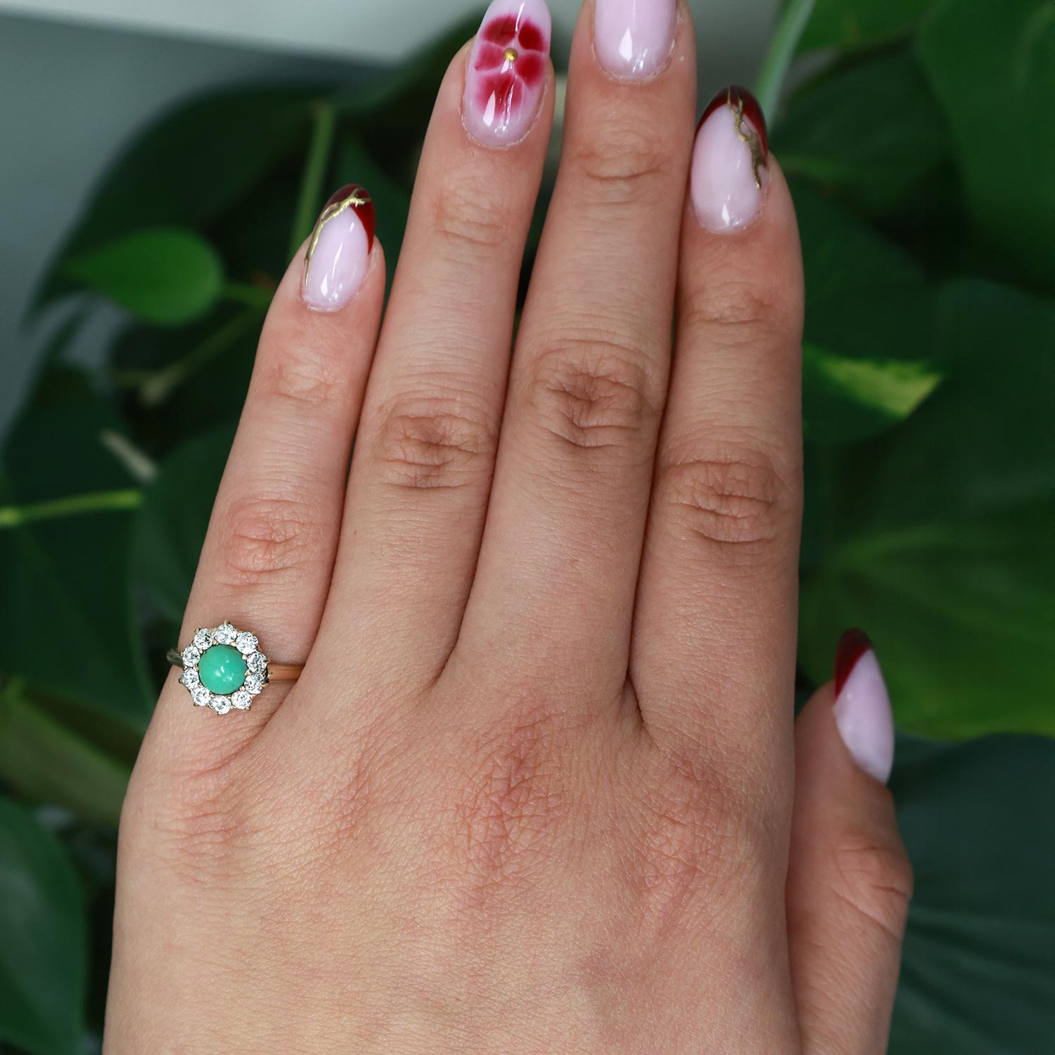 Turquoise Halo Diamond Cocktail Ring 14K Yellow Gold Size 5.25 Ladies Estate