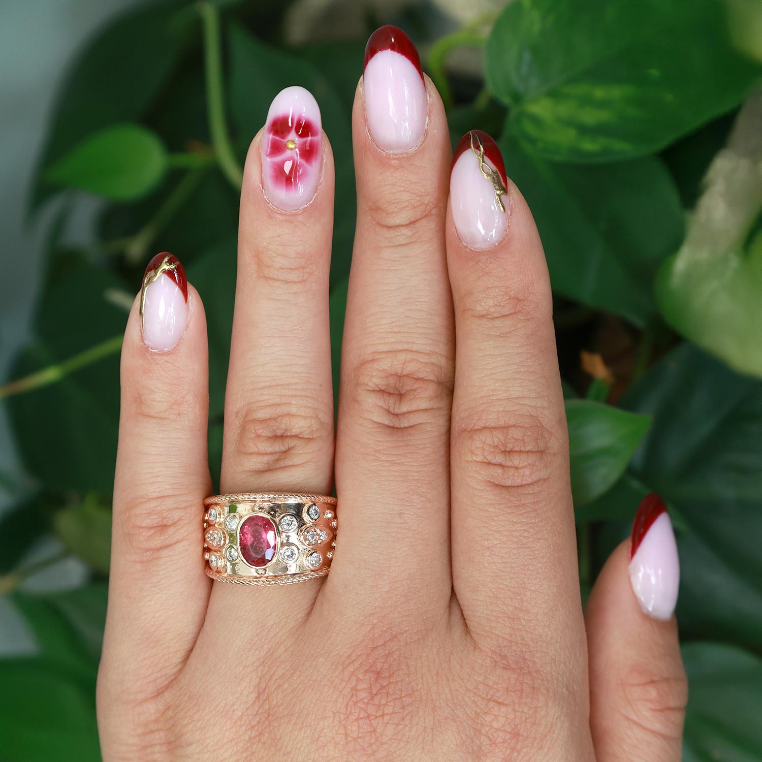 Pink Tourmaline Diamond Wide Band Ring 14K Rose Gold 1.65 CTW Size 7.25 Estate