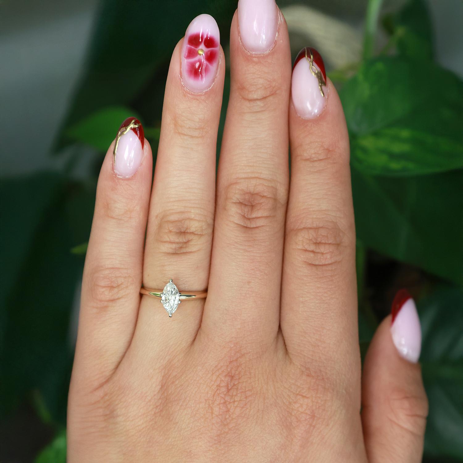 0.63 CT Solitaire Marquise Cut Diamond Engagement Ring 14K Gold Size 5.5 Ladies