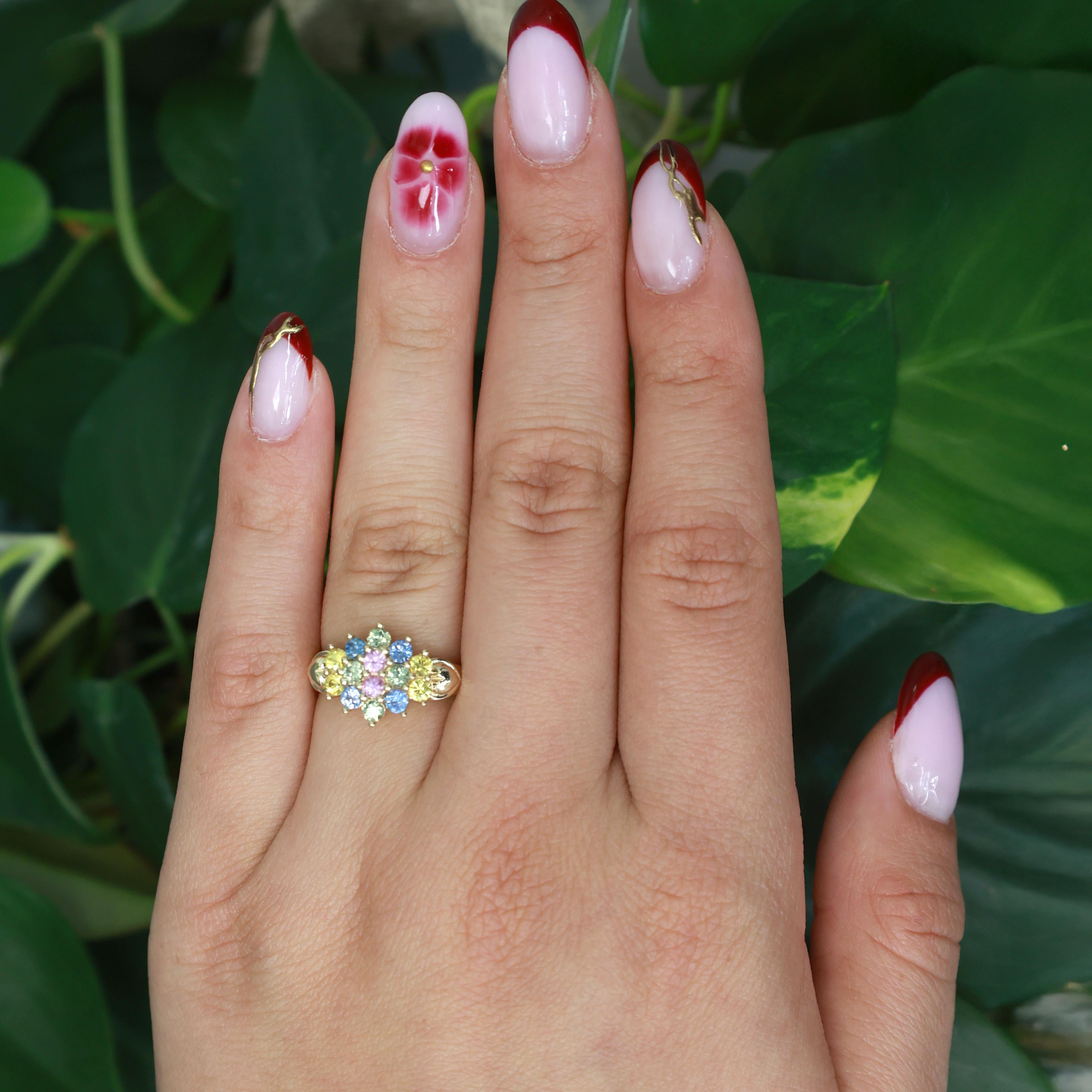 Multi Color Sapphire Floral Cocktail Ring 14K Yellow Gold 1.40 CTW Hearts Size 6