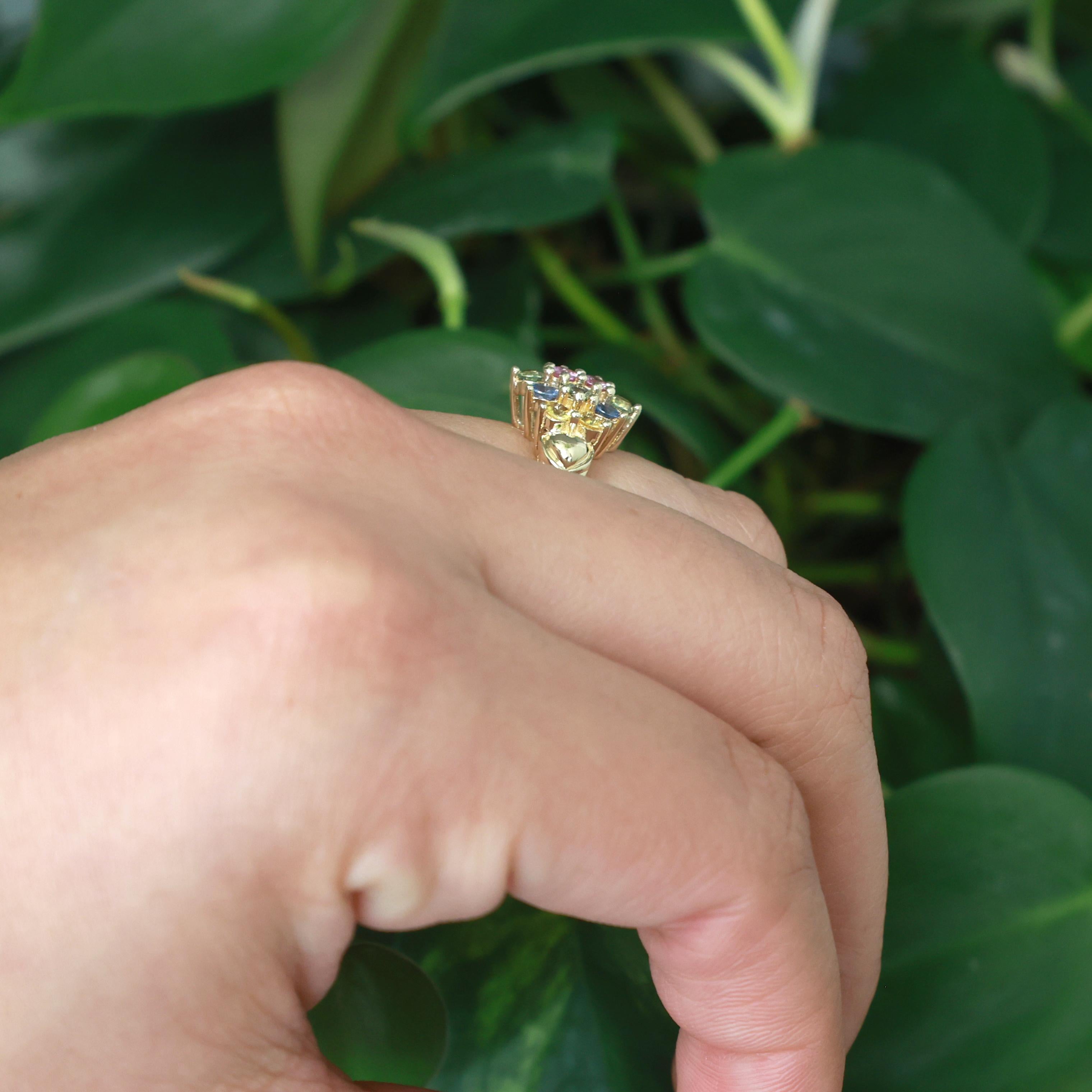 Multi Color Sapphire Floral Cocktail Ring 14K Yellow Gold 1.40 CTW Hearts Size 6