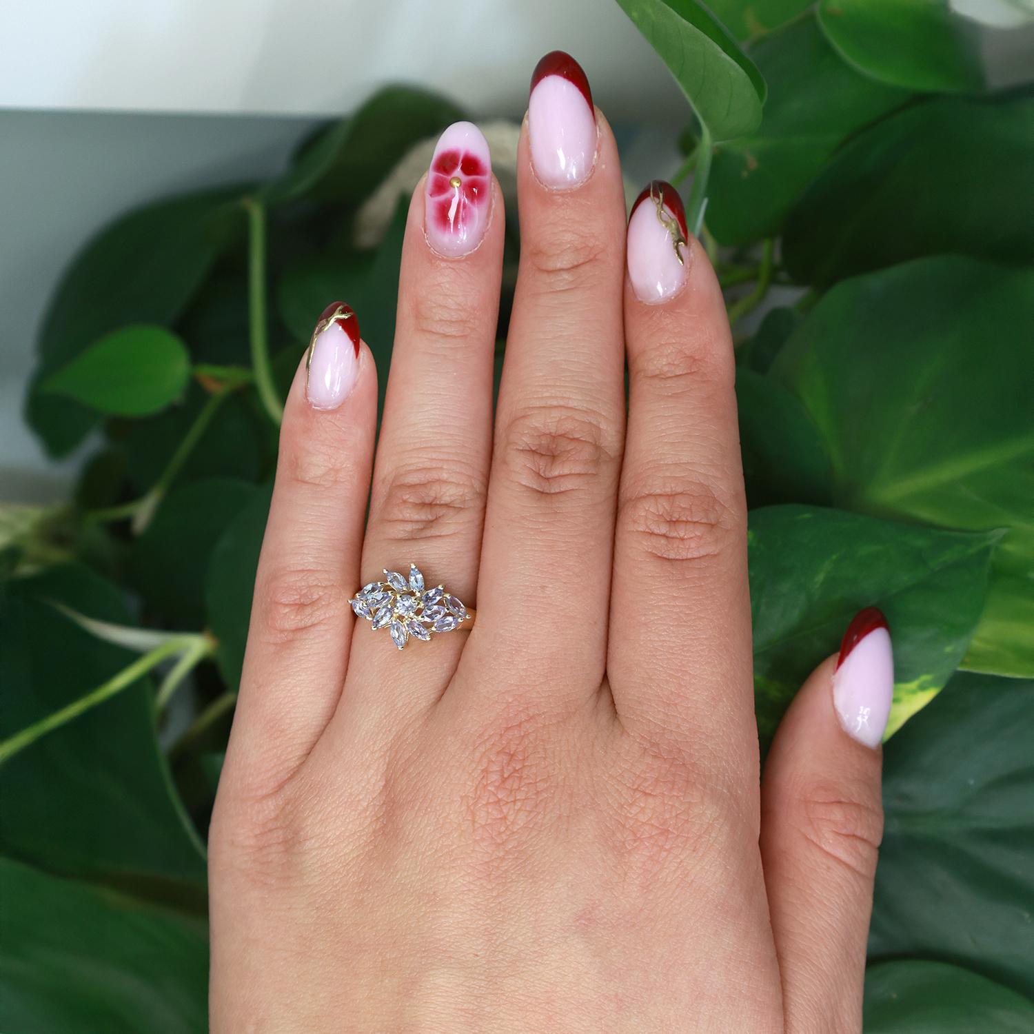 Tanzanite Floral Cocktail Ring 14K Yellow Gold 0.70 CTW Size 6.25 Ladies Estate