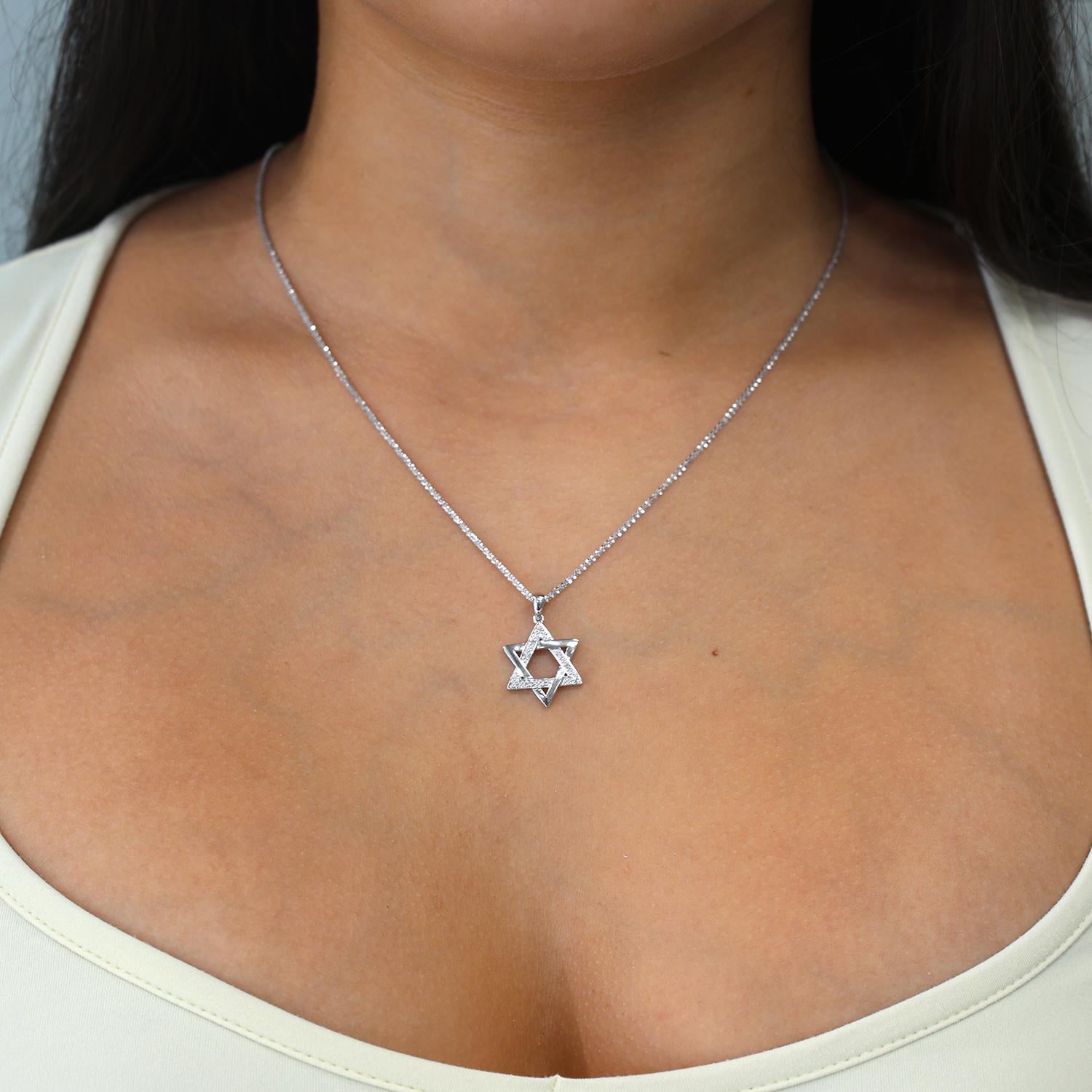 Religious Star of David Diamond Pendant Chain Necklace 14K White Gold 20.5"