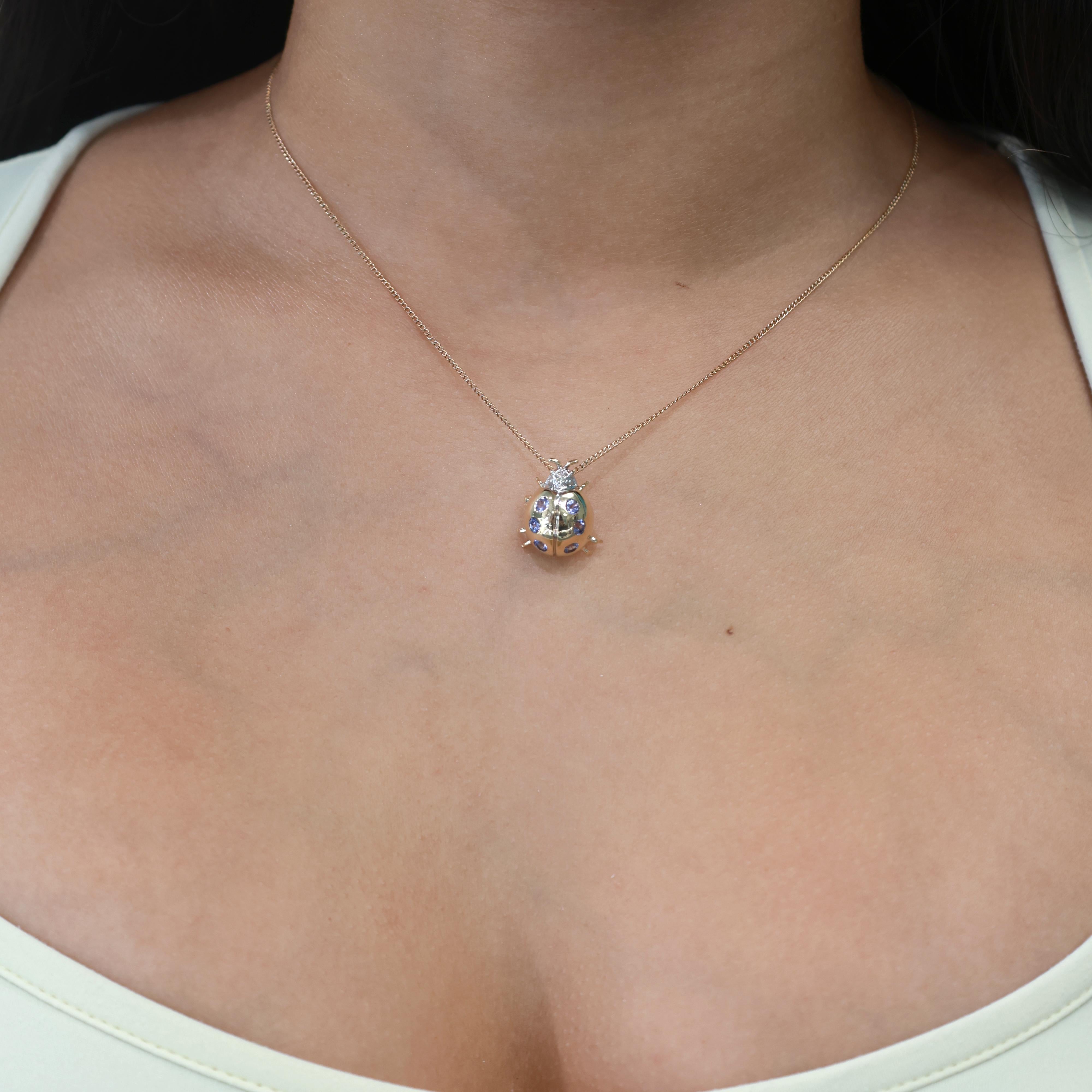 Tanzanite Diamond Ladybug Pendant Brooch Pin 14K Gold 0.74 CTW 0.70" Estate