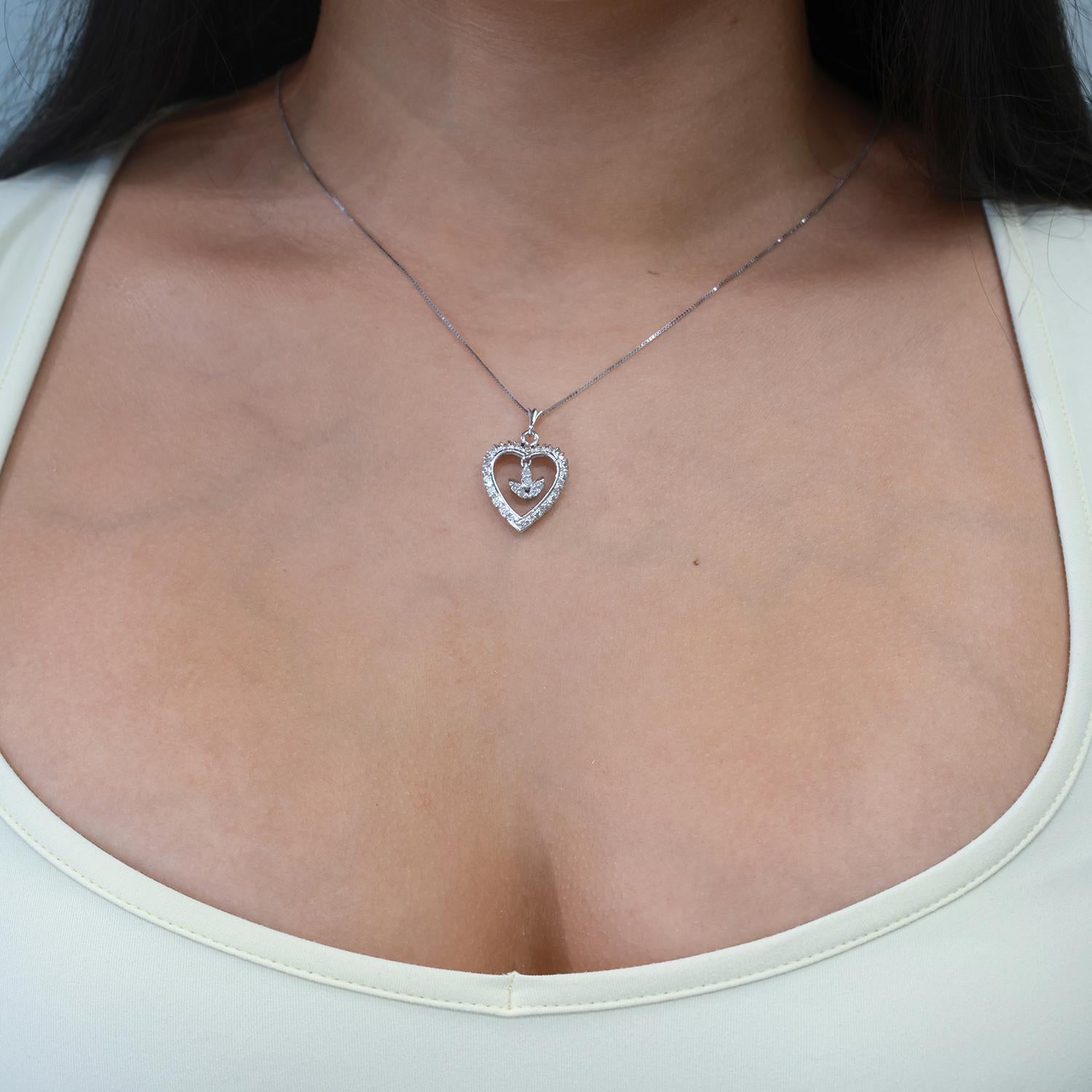 Diamond Open Heart Dangle Accent Pendant Charm White Gold 0.50 TW 1.10" Estate