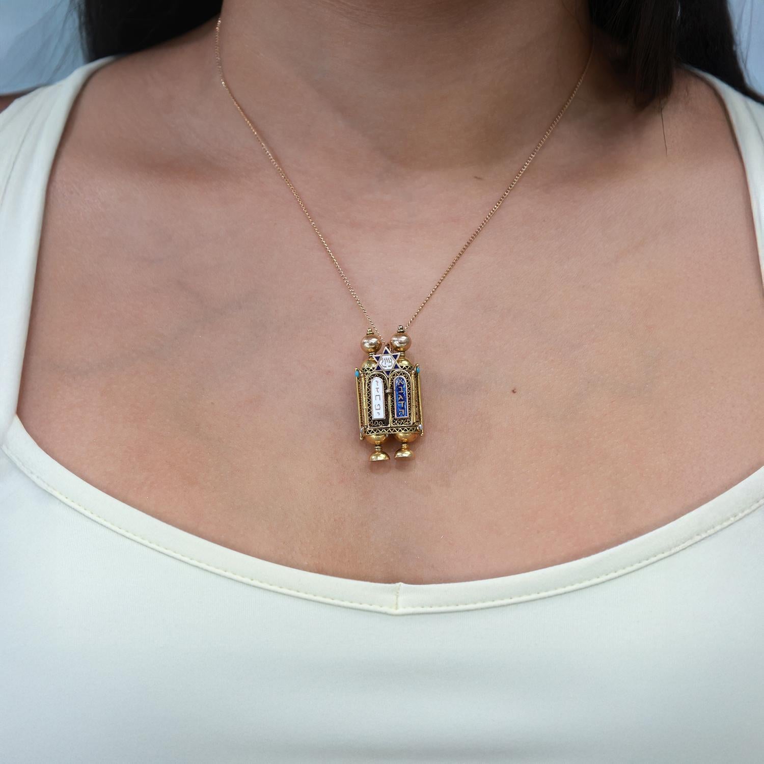 Torah Scroll Cover Charm Pendant 14K Filigree Gold Pearl Turquoise Gems 1.50"