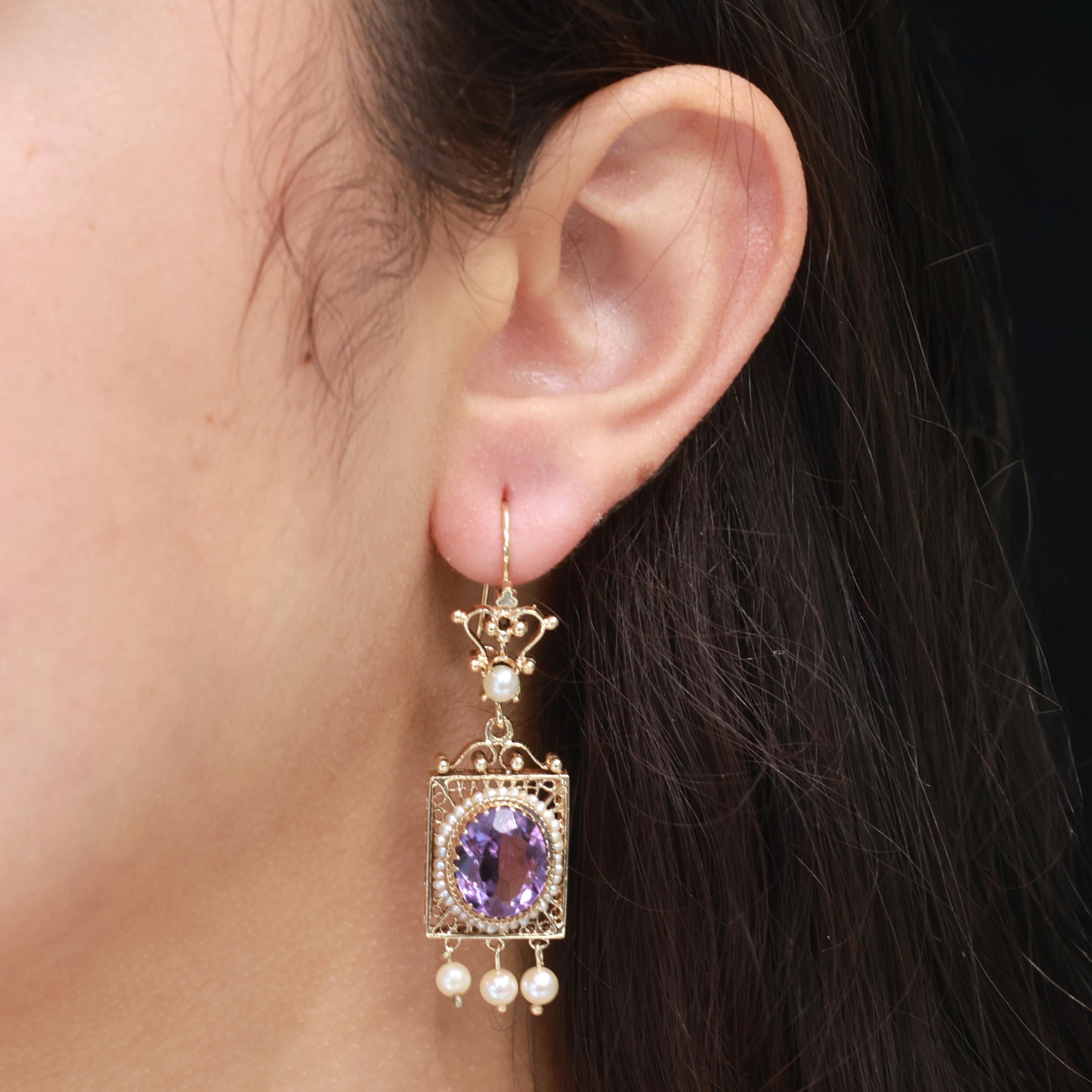 Vintage Amethyst Pearl Filigree Dangle Earrings 14K Yellow Gold 8.80 TW 2.20"
