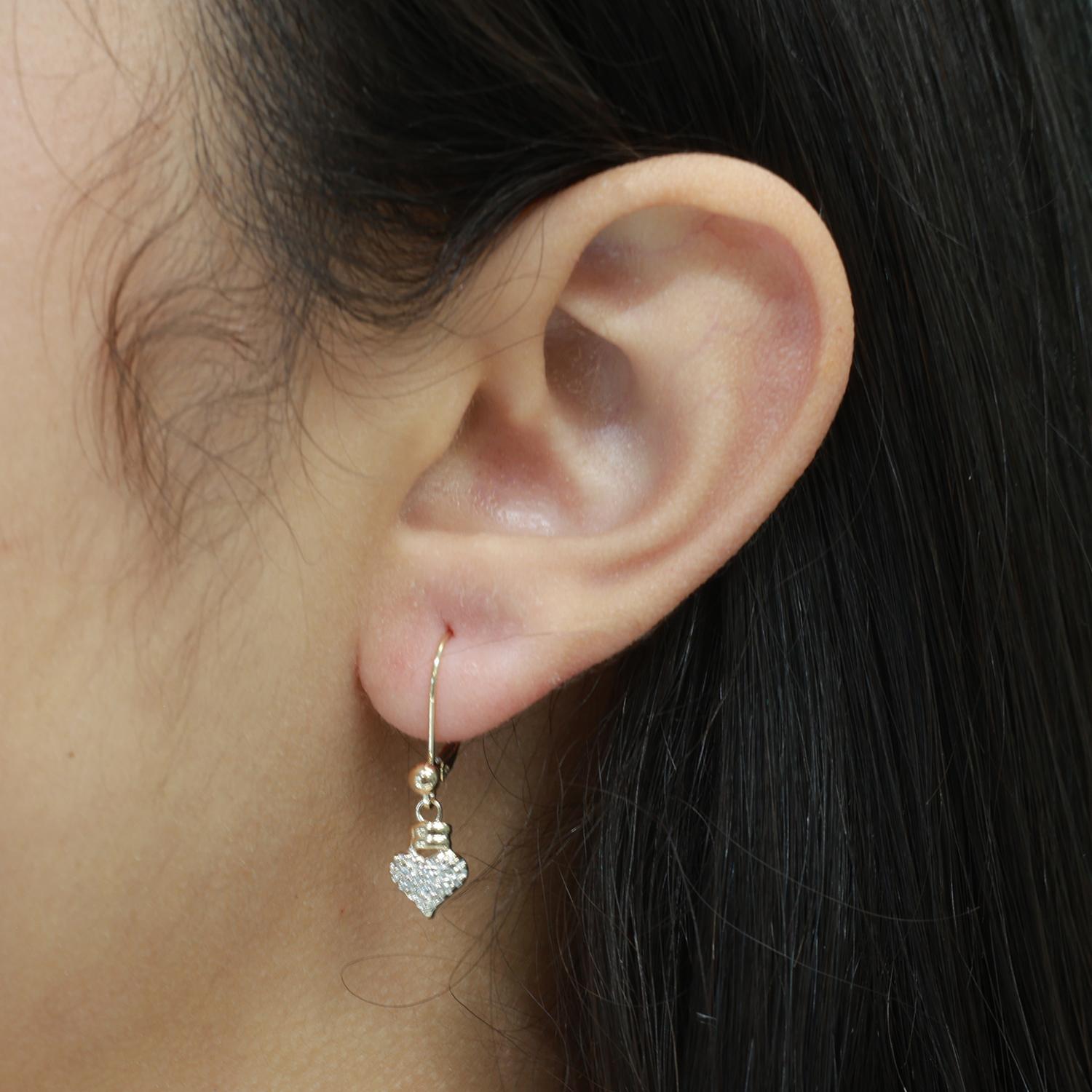 Diamond Heart Drop Dangle Earrings 14K Gold 0.04 TW 1" Ladies Girls