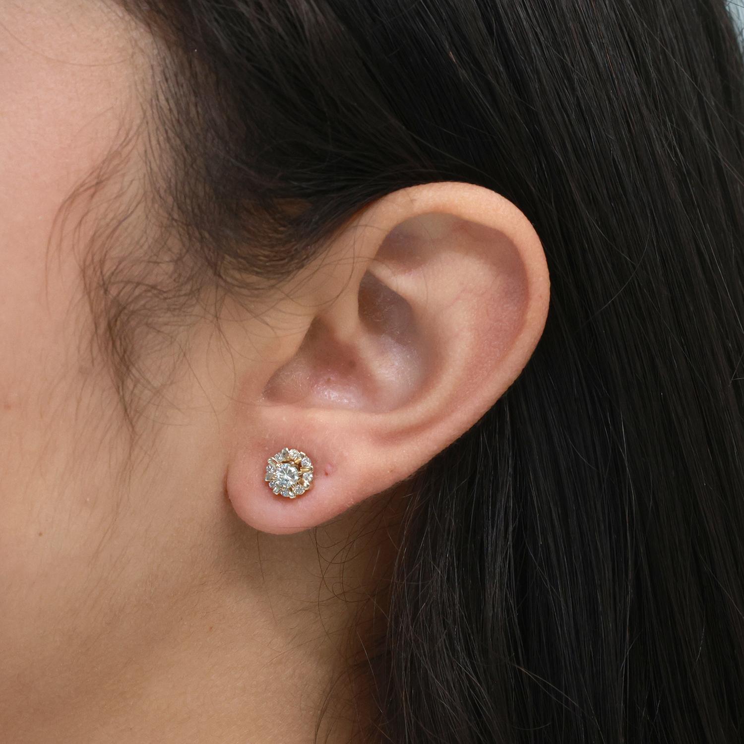 Diamond Flower Earring Jackets 14K Yellow Gold 0.50 TW 4mm Studs Ladies Estate