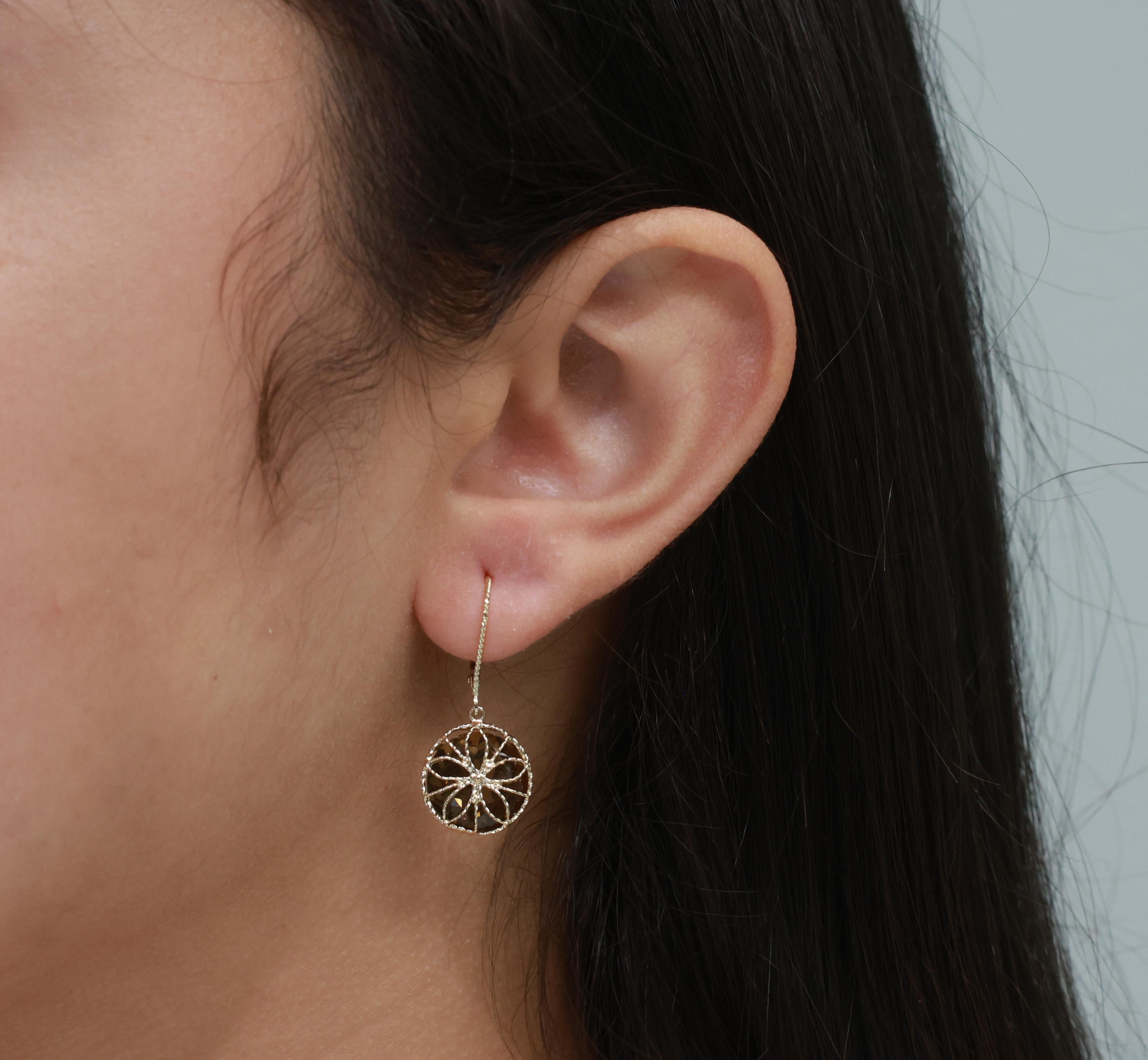 Smoky Quartz Drop Dangle Earrings 14K Yellow Gold 13.00 CTW 1.18" Ladies Estate