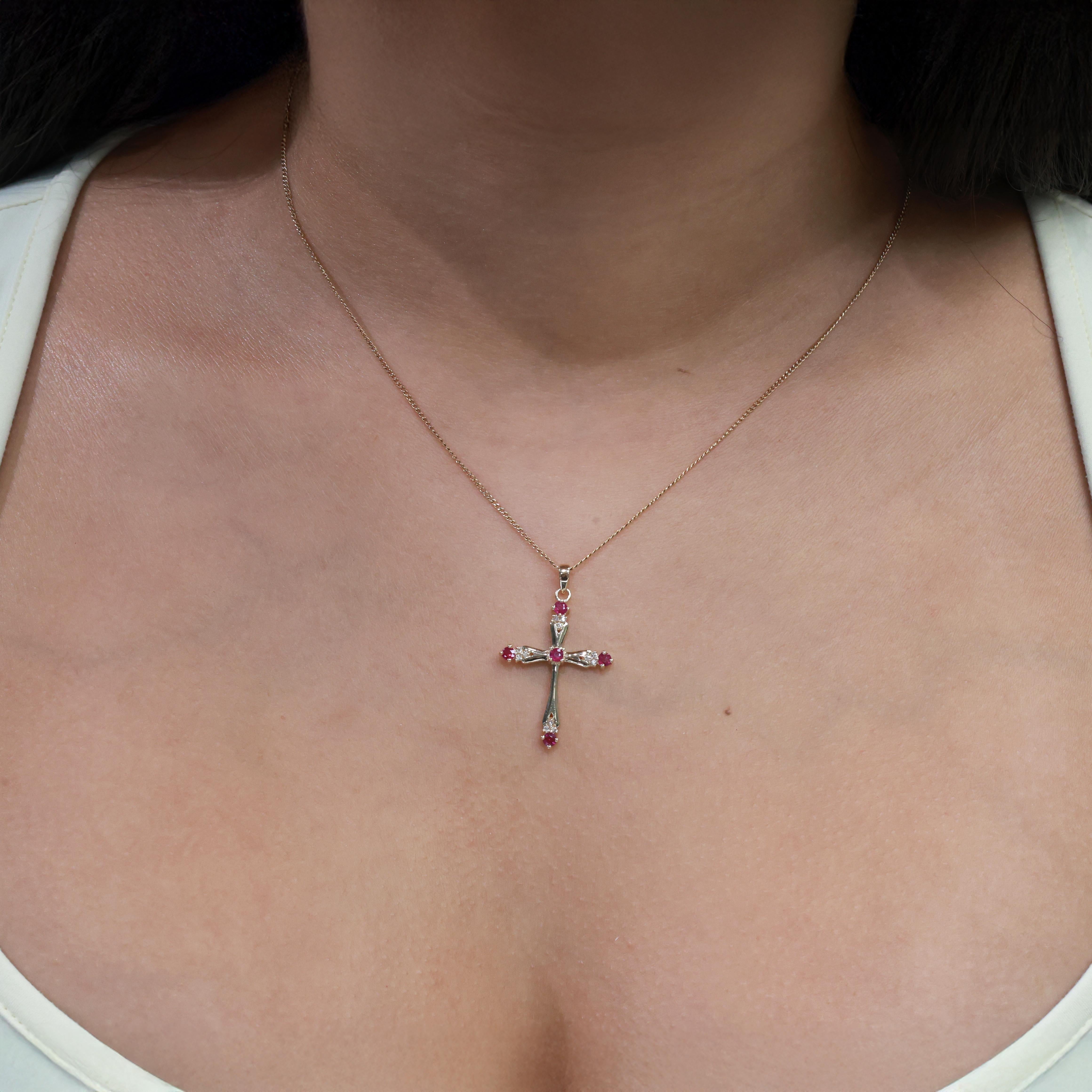 Religious Ruby Diamond Cross Pendant 14K Yellow Gold 0.65 TW 1.40" Estate