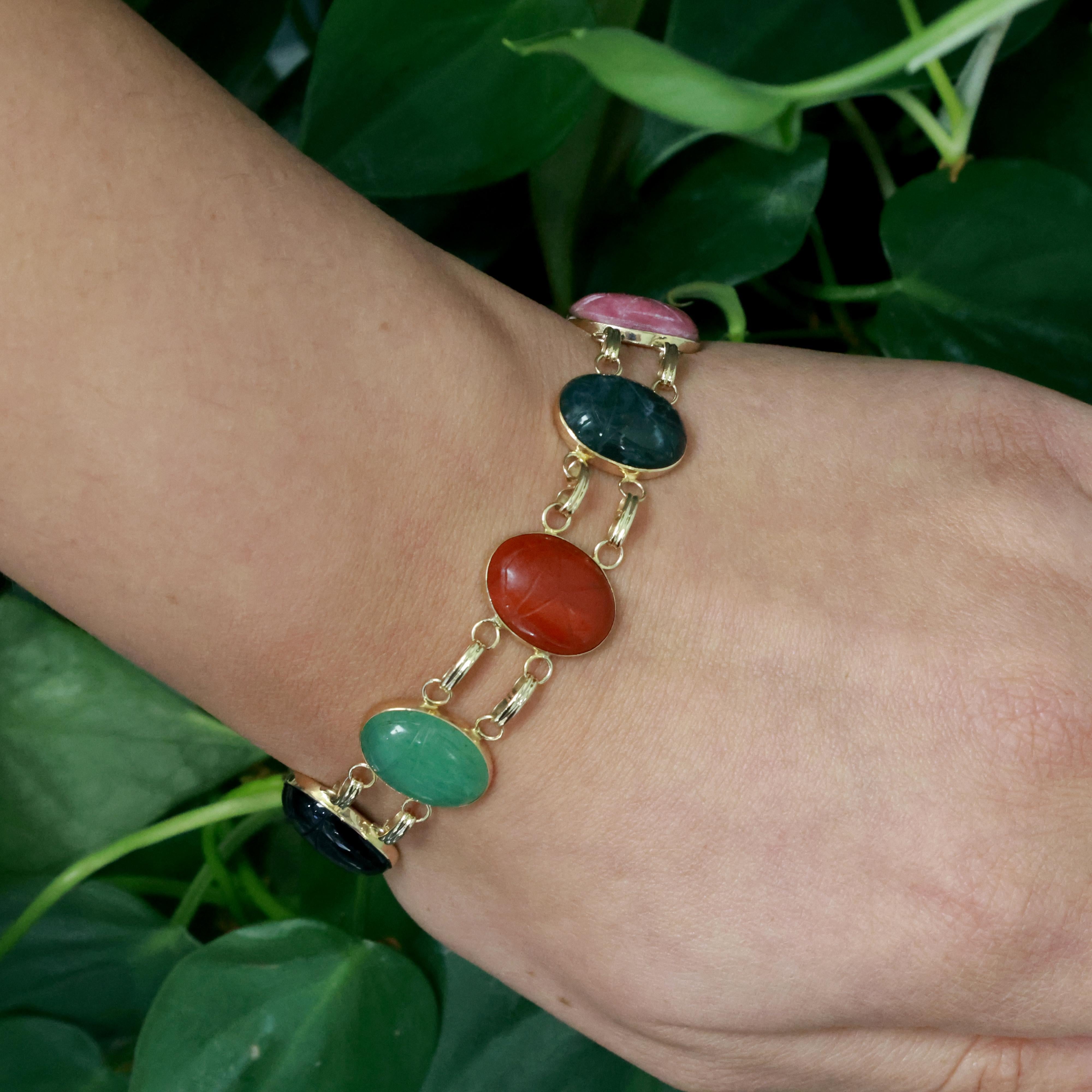 Vintage Scarab Gemstone Bracelet 14K Yellow Gold Oval Scarab Gems 7.75" Ladies