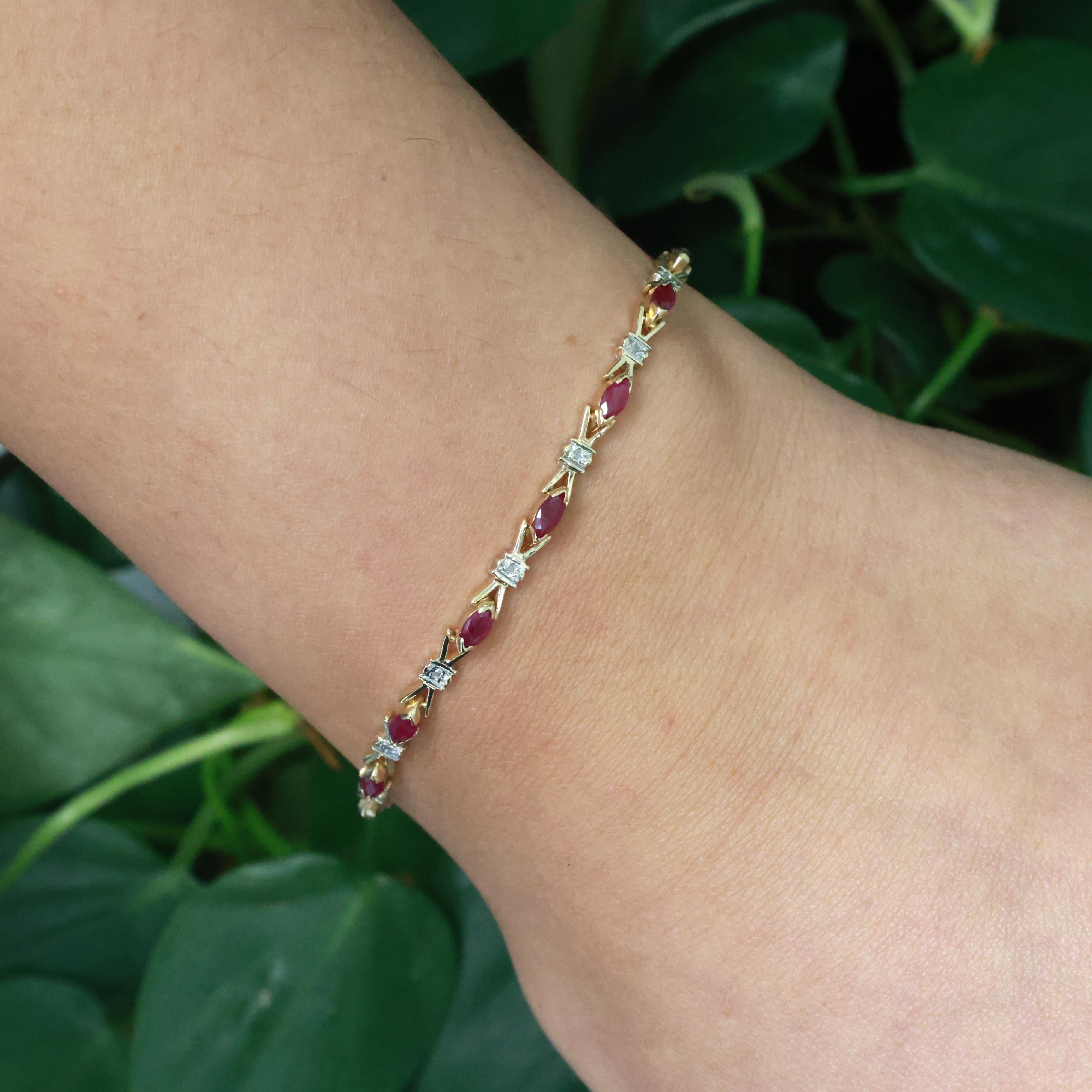 Ruby Diamond X Link Station Bracelet 14K Gold 1.67 CTW 7.25" Ladies Estate