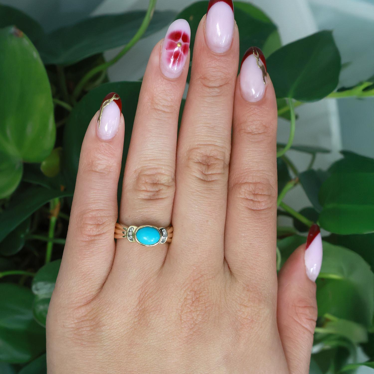 Turquoise Diamond Cocktail Band Ring 10K Gold Size 7.25 Ladies Estate