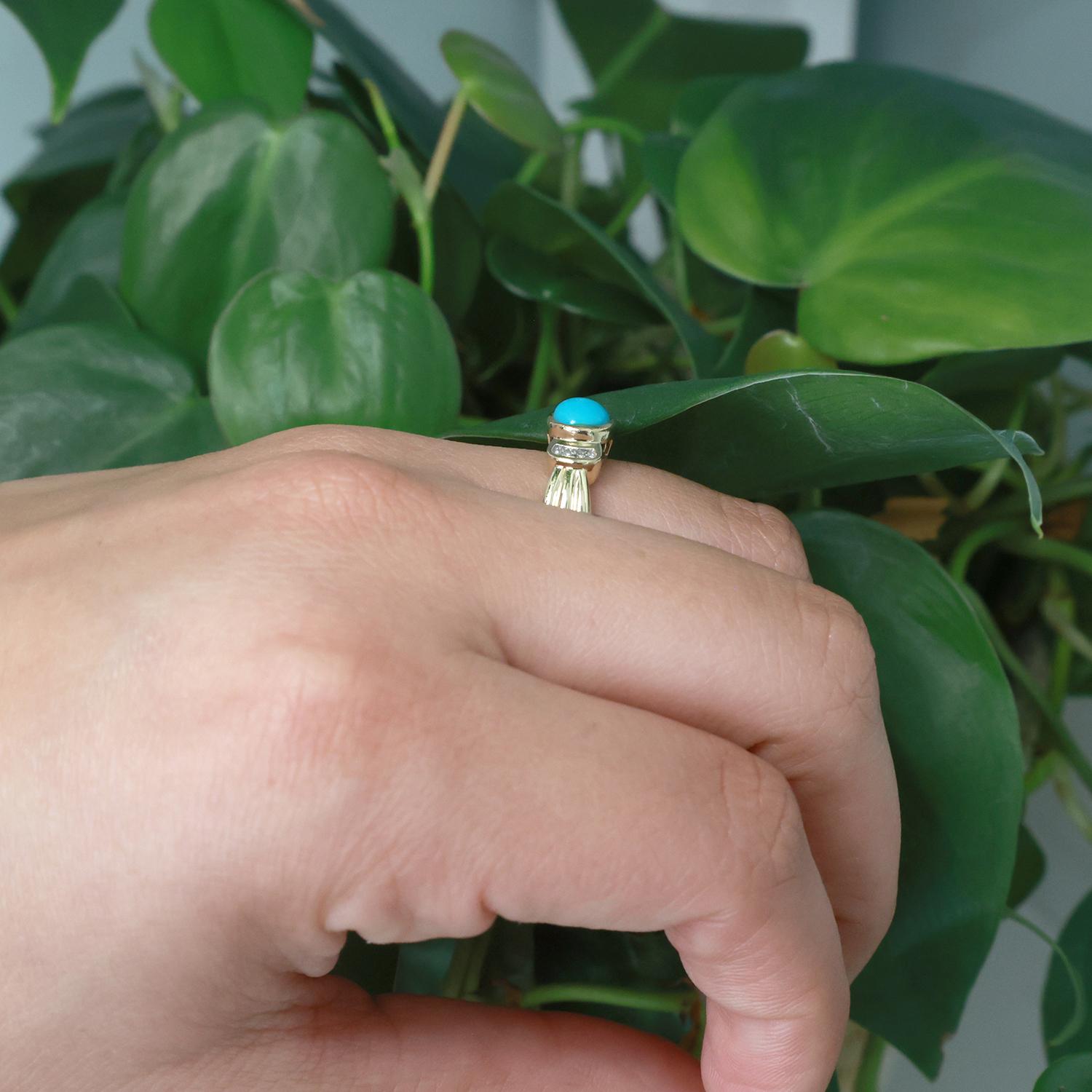 Turquoise Diamond Cocktail Band Ring 10K Gold Size 7.25 Ladies Estate