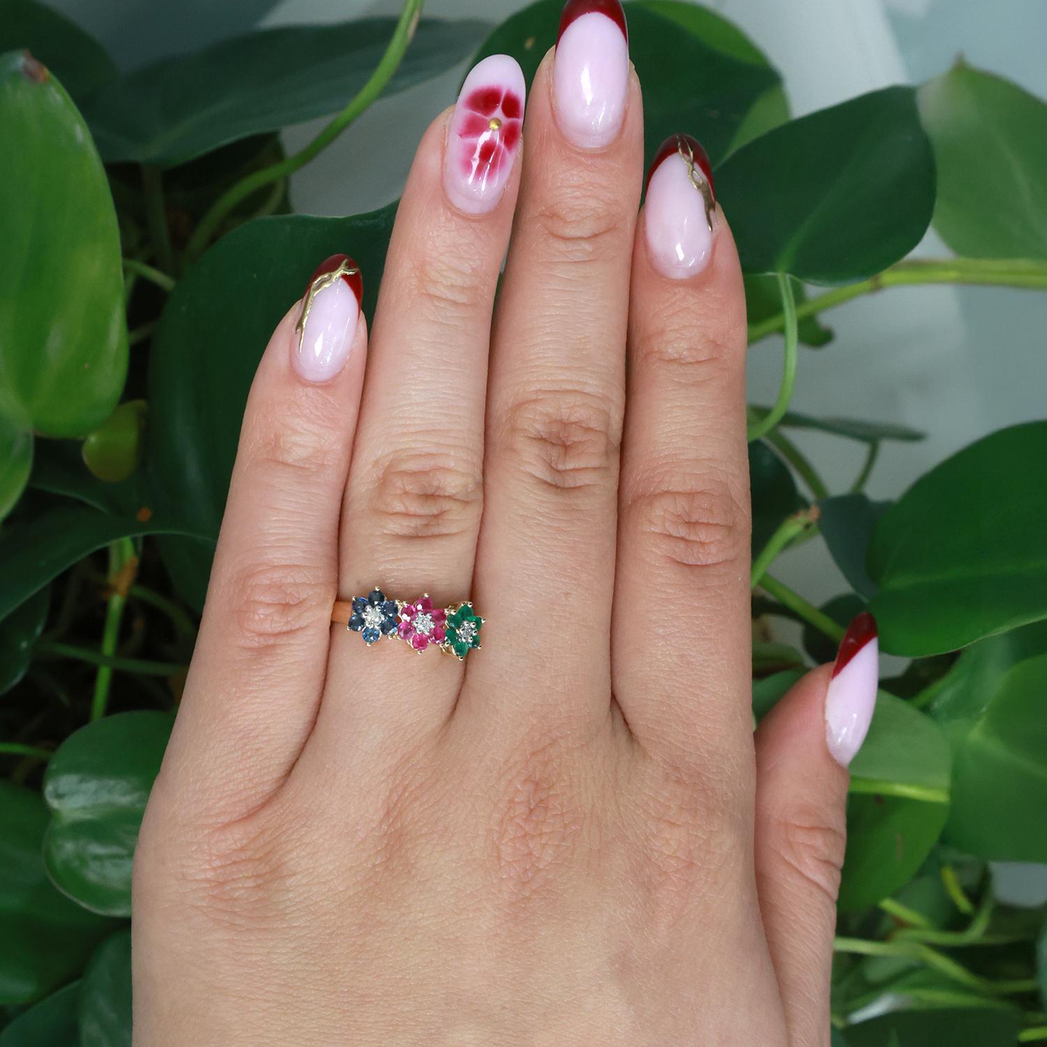 Multi Colored Gemstone Diamond Floral Band Ring 14K Gold 0.78 CTW Size 6.75