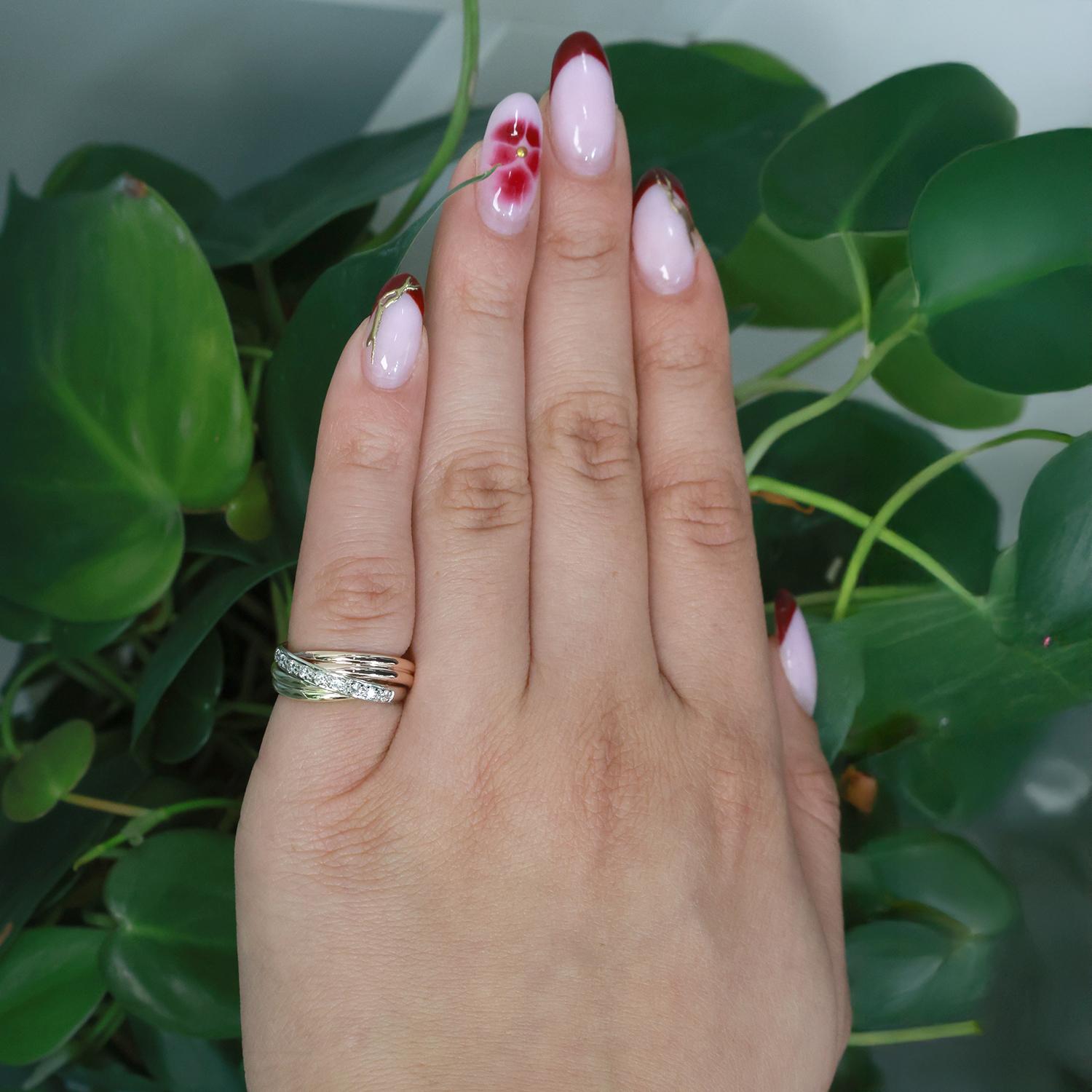 14K Tri-Color Gold Diamond Crossover Ring 0.33 TW Diamonds Size 4.25 Estate