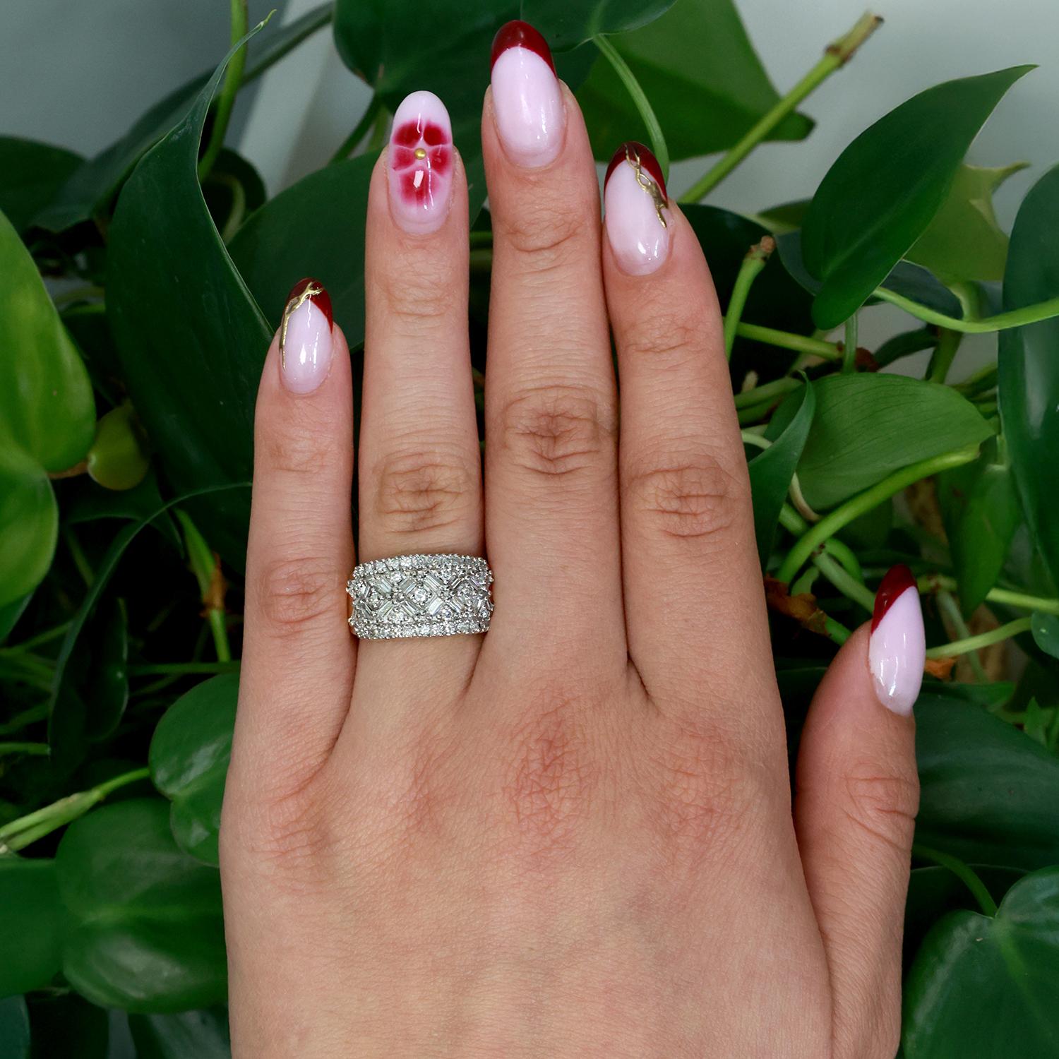 Vintage Baguette And Round Diamond Wide Band Ring 14K Gold 1.00 TW Size 7.25