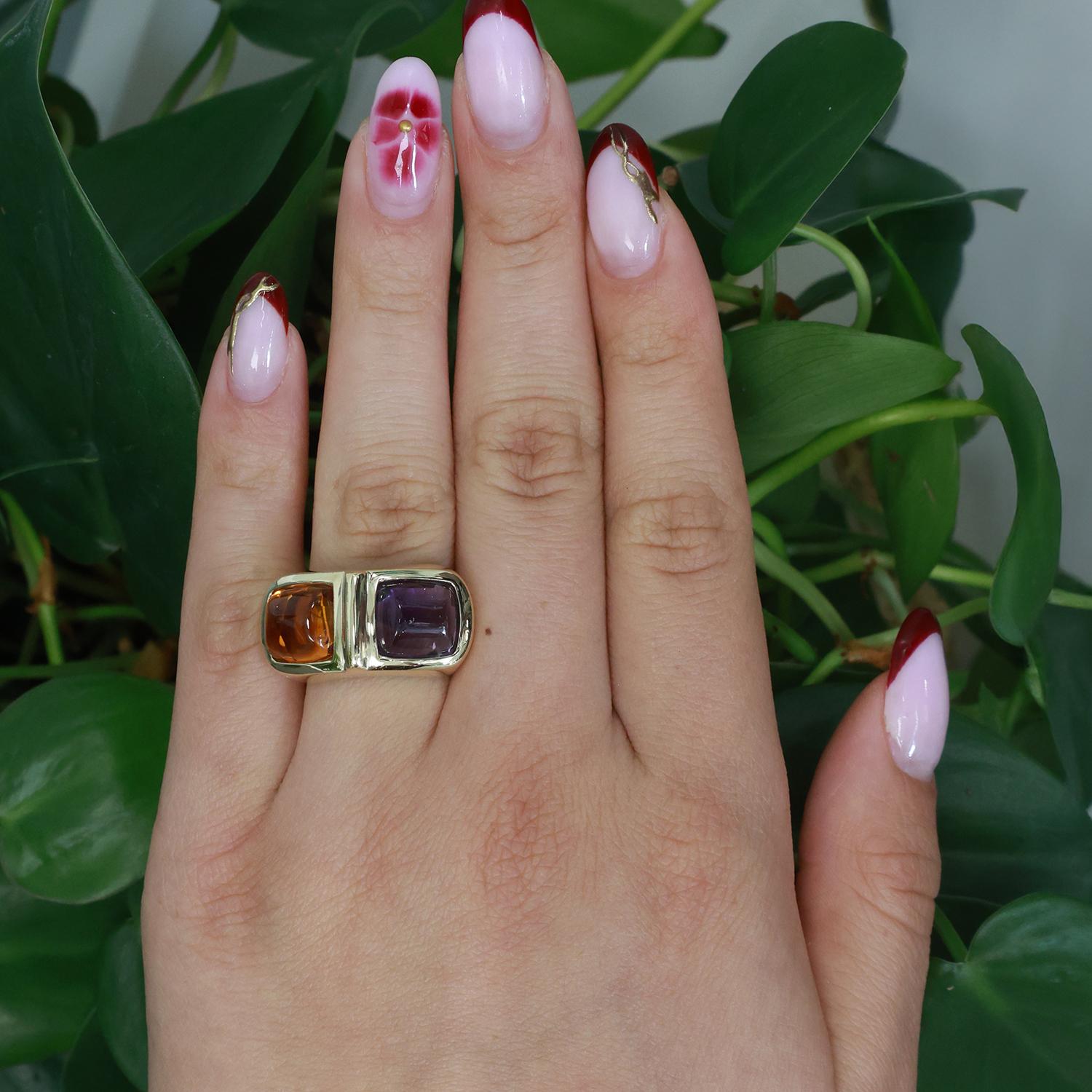 Cabochon Citrine Amethyst Statement Ring 14K Yellow Gold 6.95 CTW Size 6.75