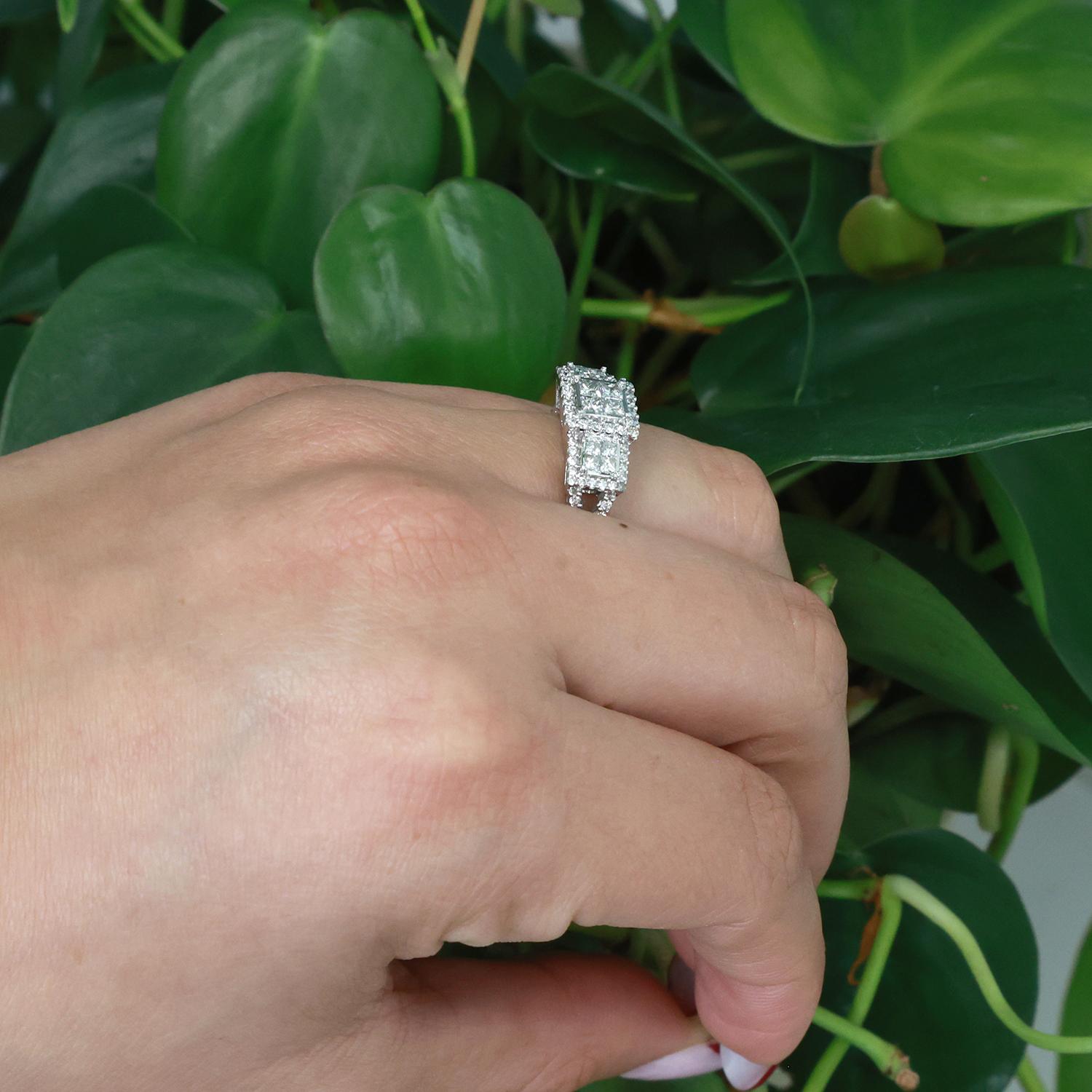 1.40 TW Princess Round Diamond Halo Engagement Ring 14K White Gold Size 5.5