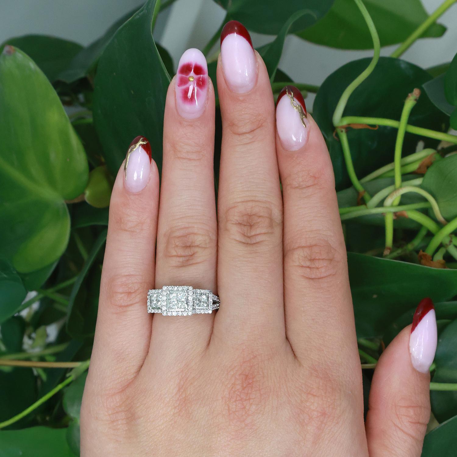 1.40 TW Princess Round Diamond Halo Engagement Ring 14K White Gold Size 5.5