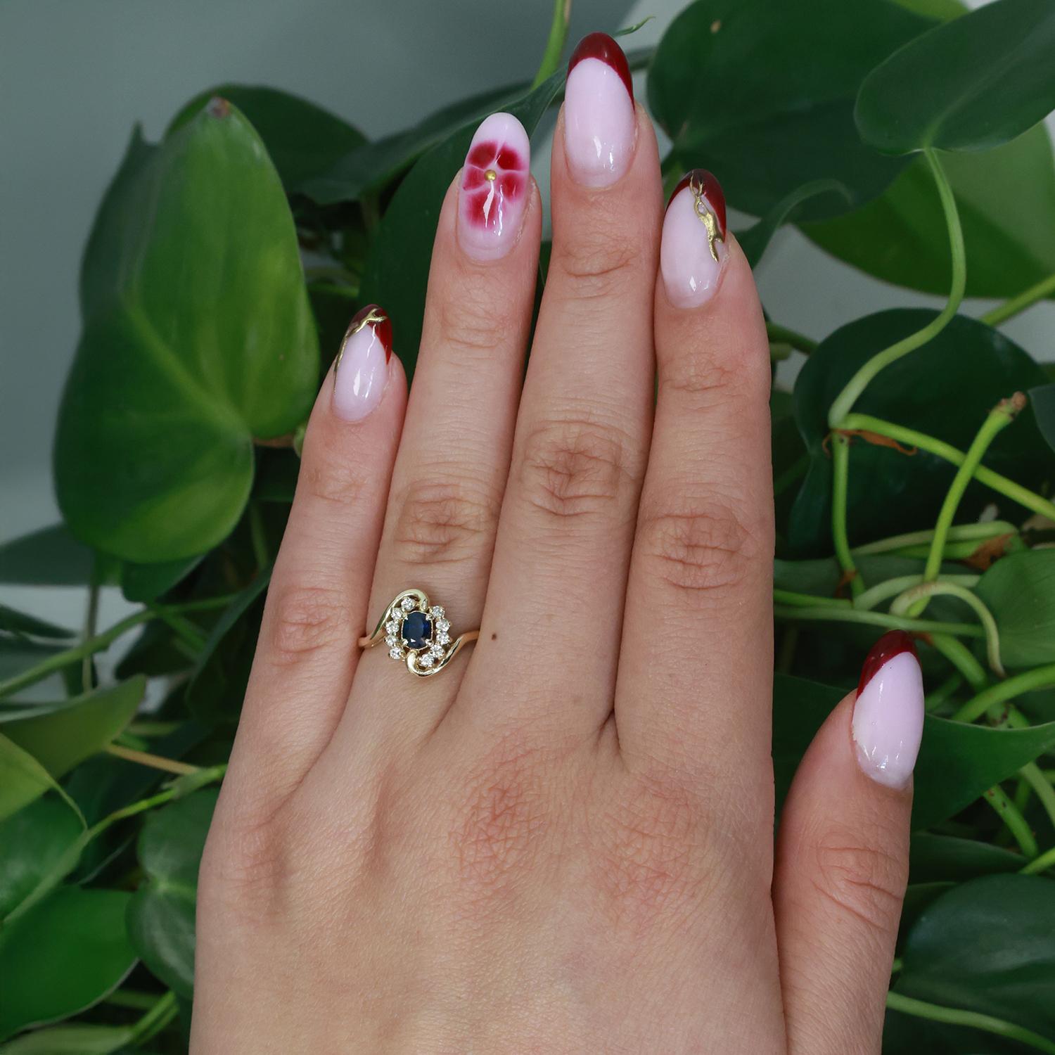 Sapphire Diamond Cocktail Swirl Ring 14K Yellow Gold 0.55 CTW Size 6.75 Ladies