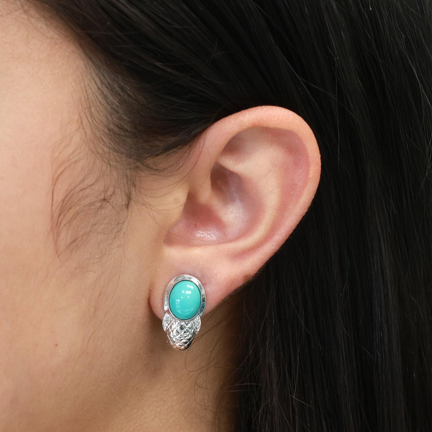 Turquoise Drop Earrings 14K White Gold Omega Backs 0.60" Ladies Estate