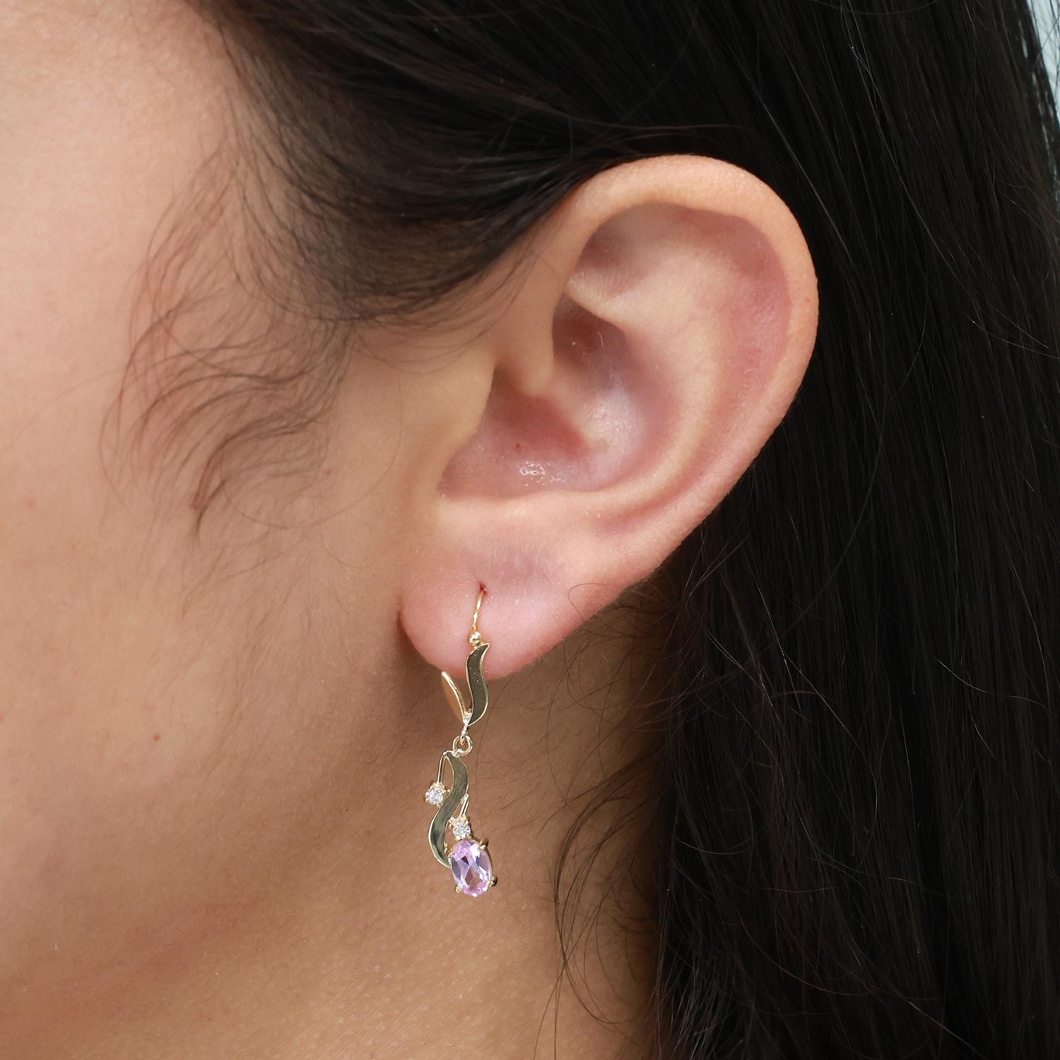 1.00 CTW Pink Spinel Cubic Accent Drop Dangle Earrings 14K Yellow Gold 1.25"