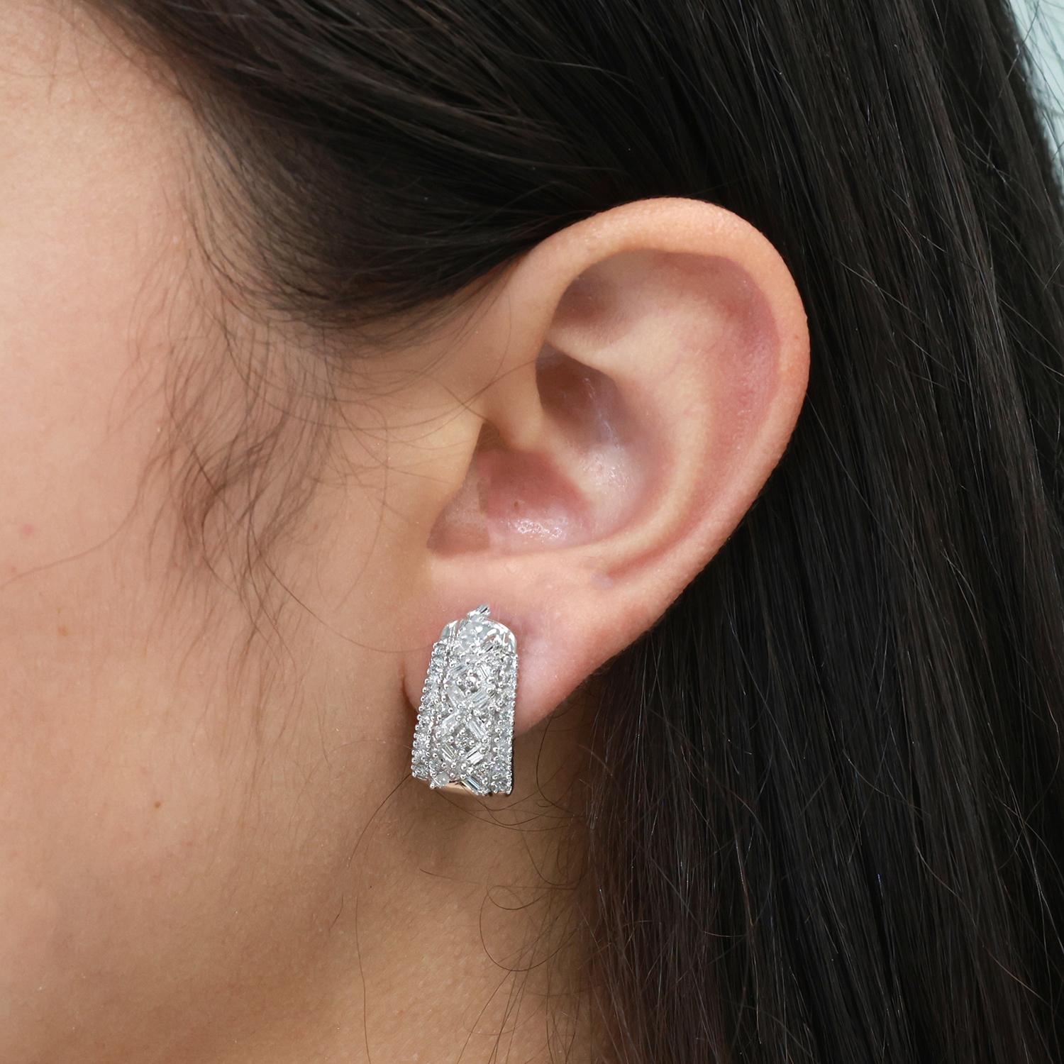 1.00 TW Round And Baguette Diamond J Hoop Earrings 10K White Gold 0.55" Ladies