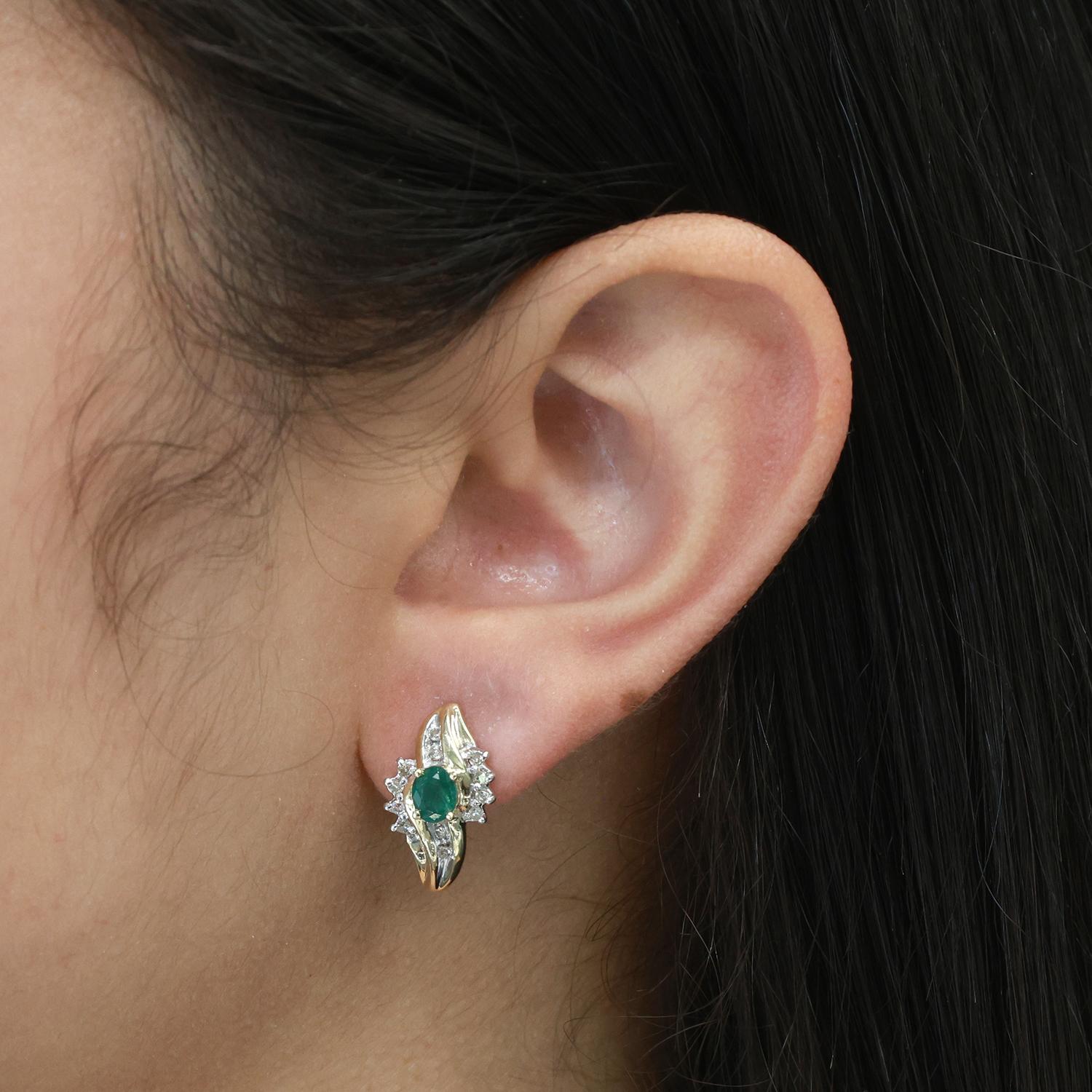 Emerald Diamond Floral J Hoop Earrings 10K Gold 0.94 CTW 0.60" Ladies Estate