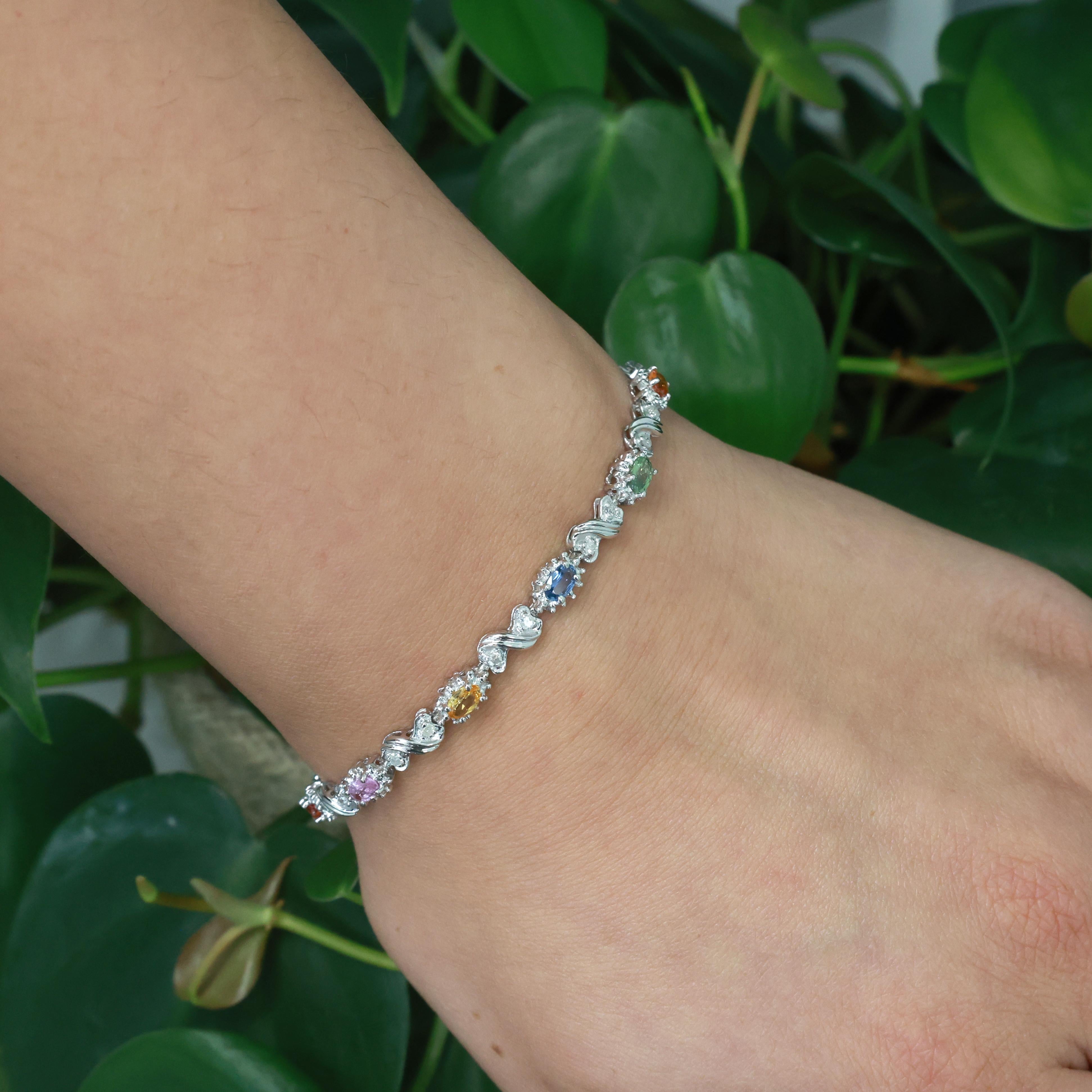 Multi Color Sapphire Diamond Bracelet 14K White Gold S Link 3.88 CTW 7"