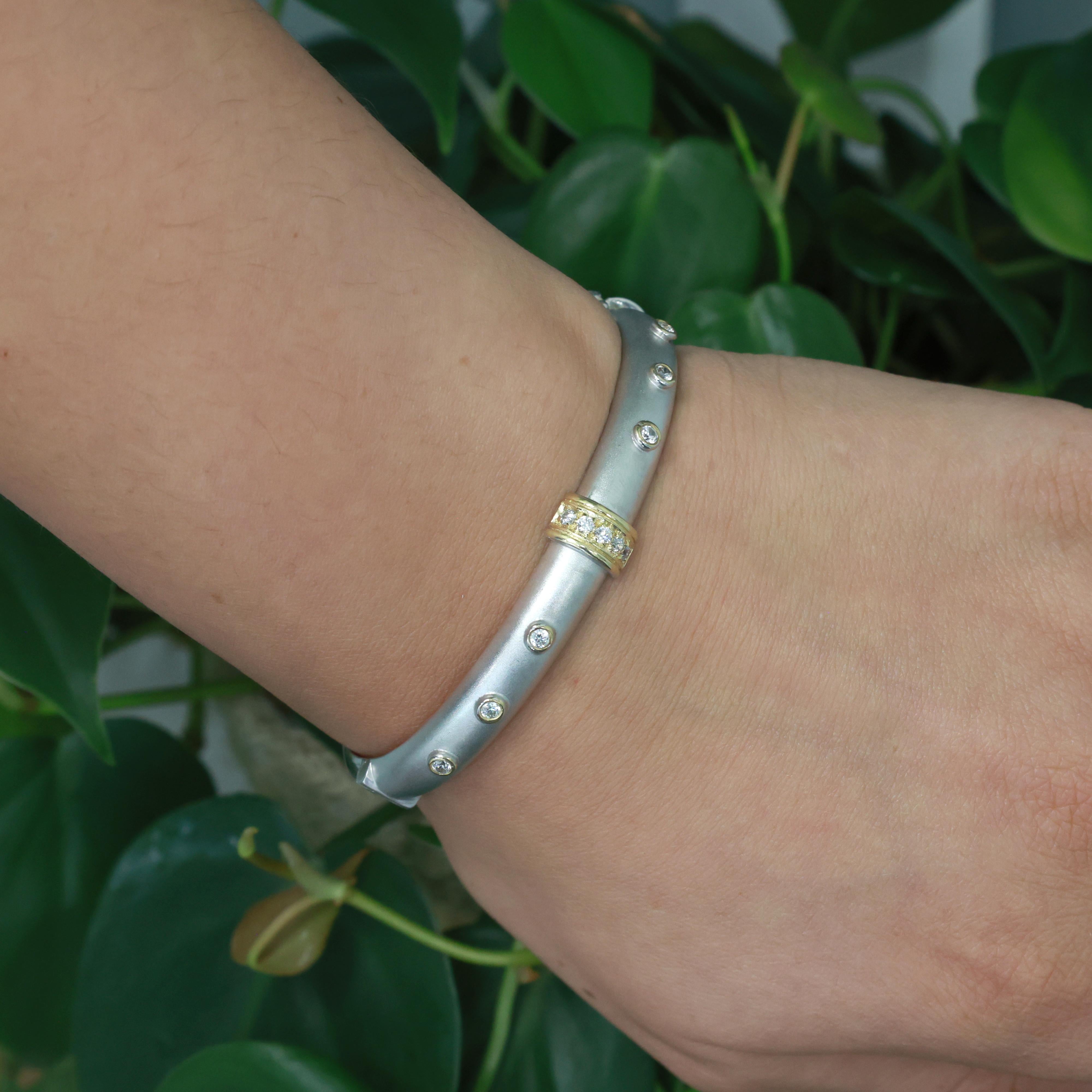 14K Gold Bangle Bracelet Cubic Zirconia Gems Brushed Gold Size 7" Estate