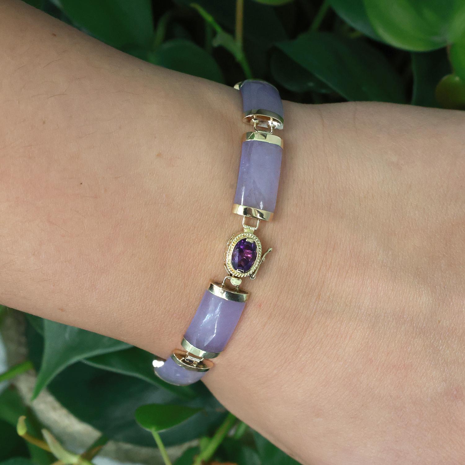 Lavender Jadeite Amethyst Gemstone Station Bracelet 14K Yellow Gold 7.25" Estate