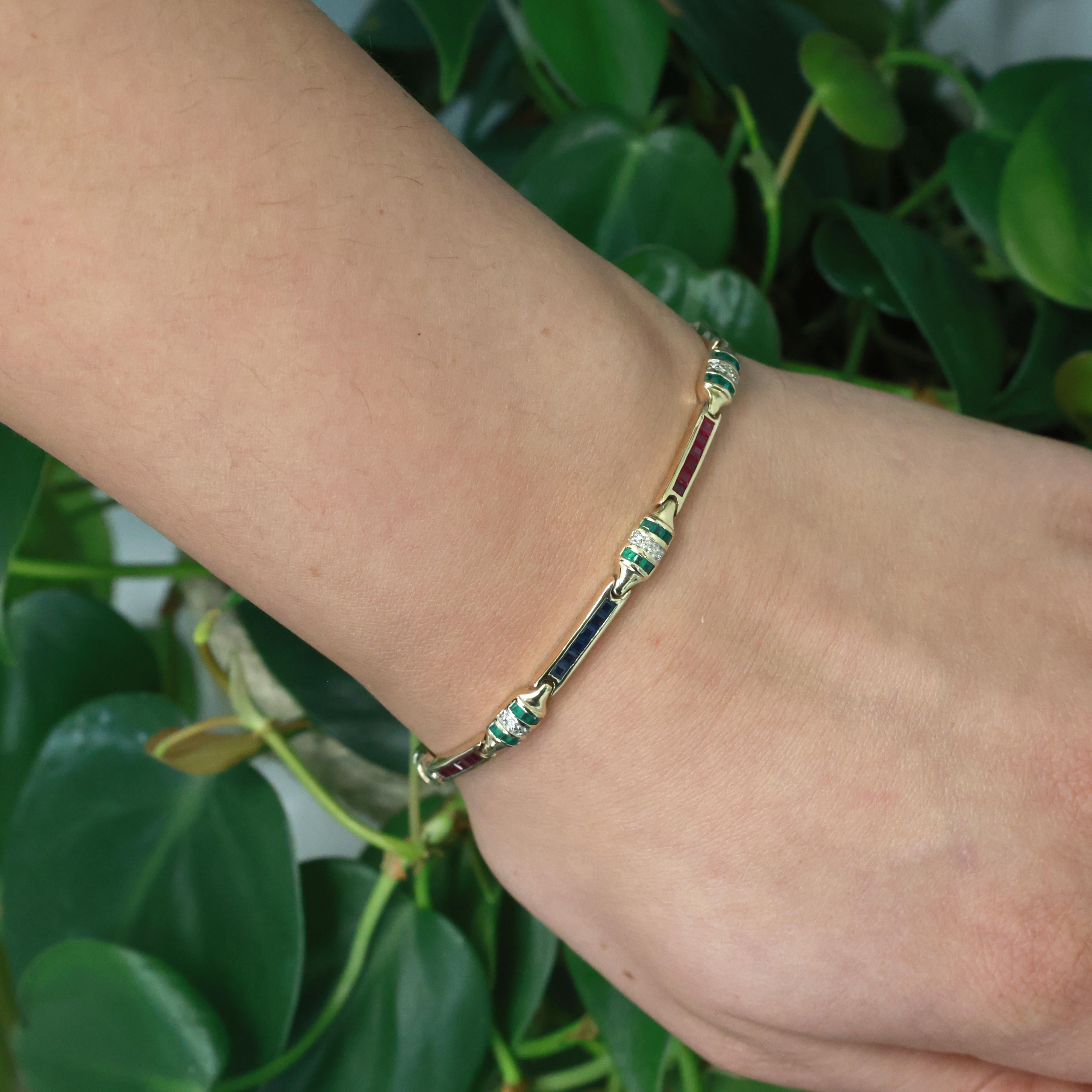 Sapphire Ruby Emerald Diamond Station Bracelet 14K Yellow Gold 1.74 CTW 7.25"