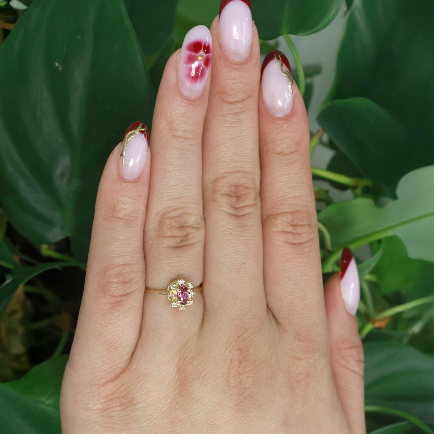 Ruby Diamond Floral Cocktail Ring 14K Yellow Gold 0.42 CTW Size 5.5 Ladies