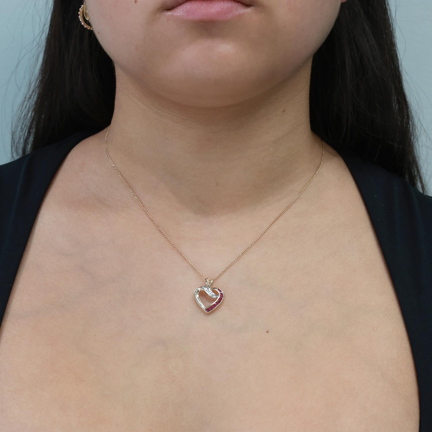 Ruby Diamond Open Heart Pendant Charm 14K Gold 0.31 CTW 0.75" Ladies Estate