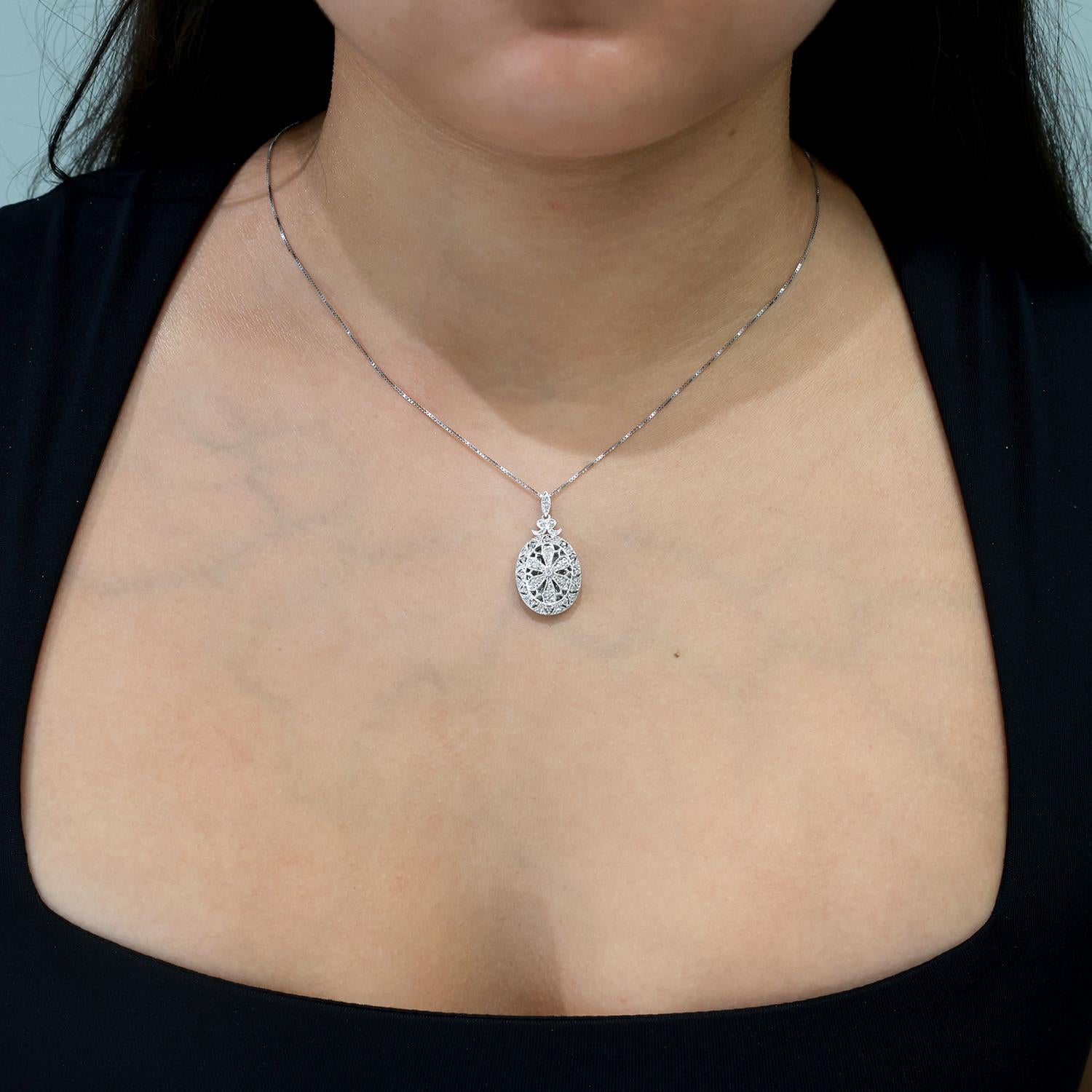 Oval Diamond Filigree Locket Pendant 14K White Gold 0.50 TW 1.15" Ladies Estate