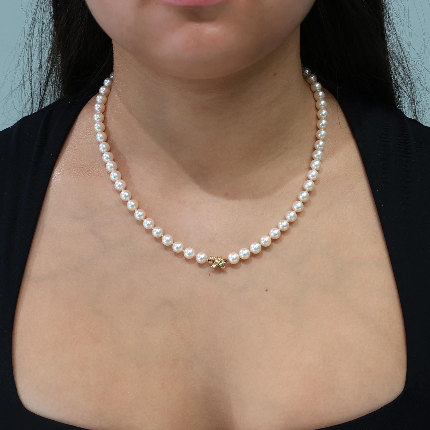 Tiffany & Co Cultured Akoya Pearl Necklace 18K Yellow Gold X Clasp 17.75” Ladies