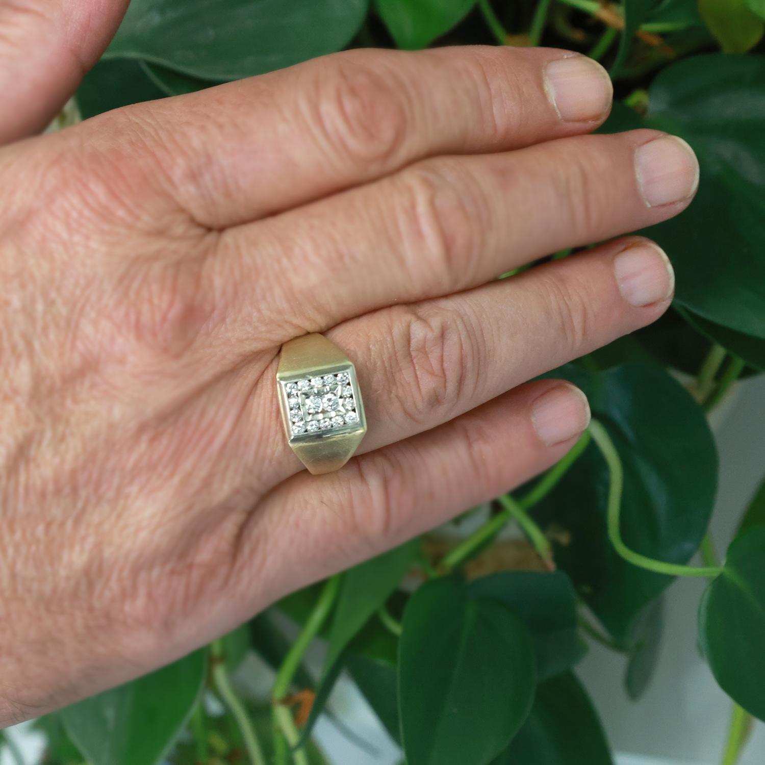 Mens Cluster Diamond Square Ring 14K Brushed Gold 0.55 TW Size 10.25 Estate