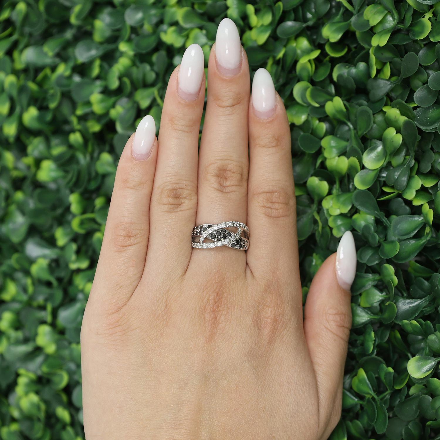 1.00 TW Black White Diamond Crossover Ring 14K White Gold Size 8 Estate