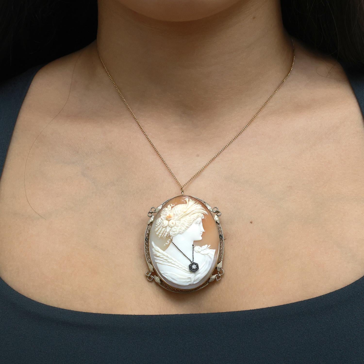 Vintage Cameo Brooch Pin 14K White Gold 0.10 CT Diamond Accent 2.40" Ladies