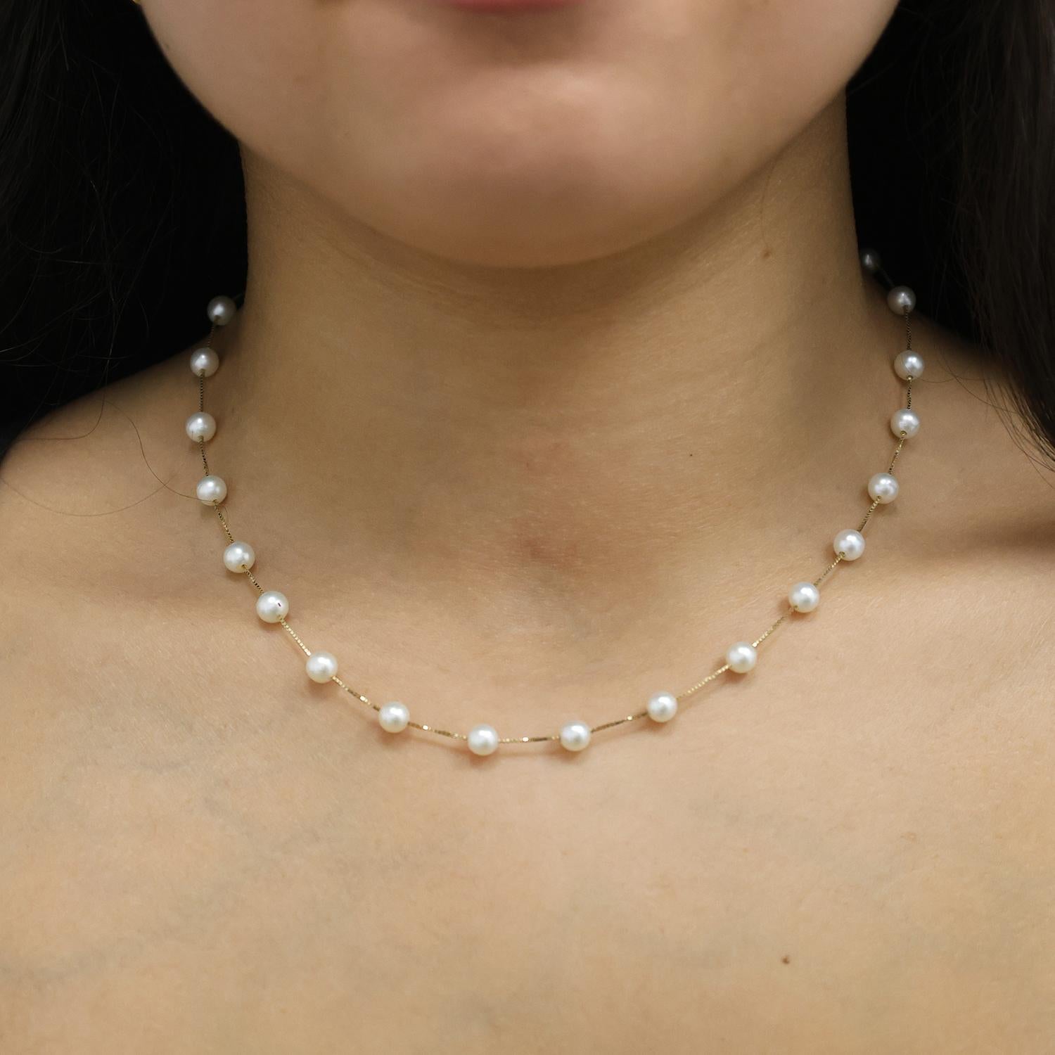 Cultured Akoya Pearl Station Necklace 14K Yellow Gold Box Chain 17.25" Ladies