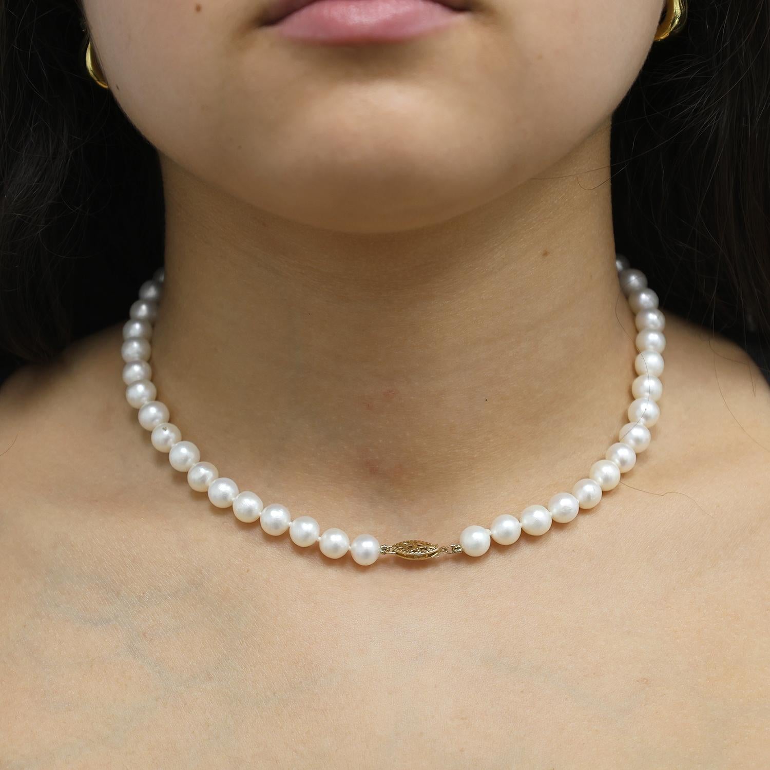 Cultured Freshwater Pearl Choker Necklace 14K Yellow Gold Filigree Clasp 15.5"