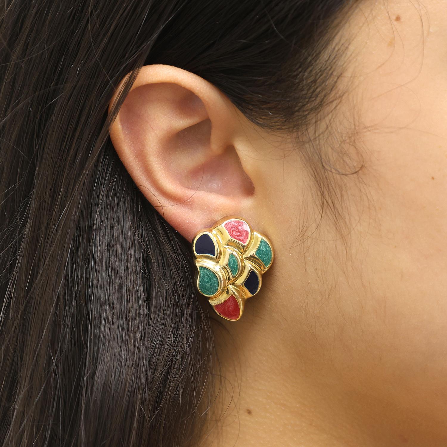 Multi-Colored Enamel Inlay Earrings 14K Yellow Gold Omega Backs 0.82" Ladies
