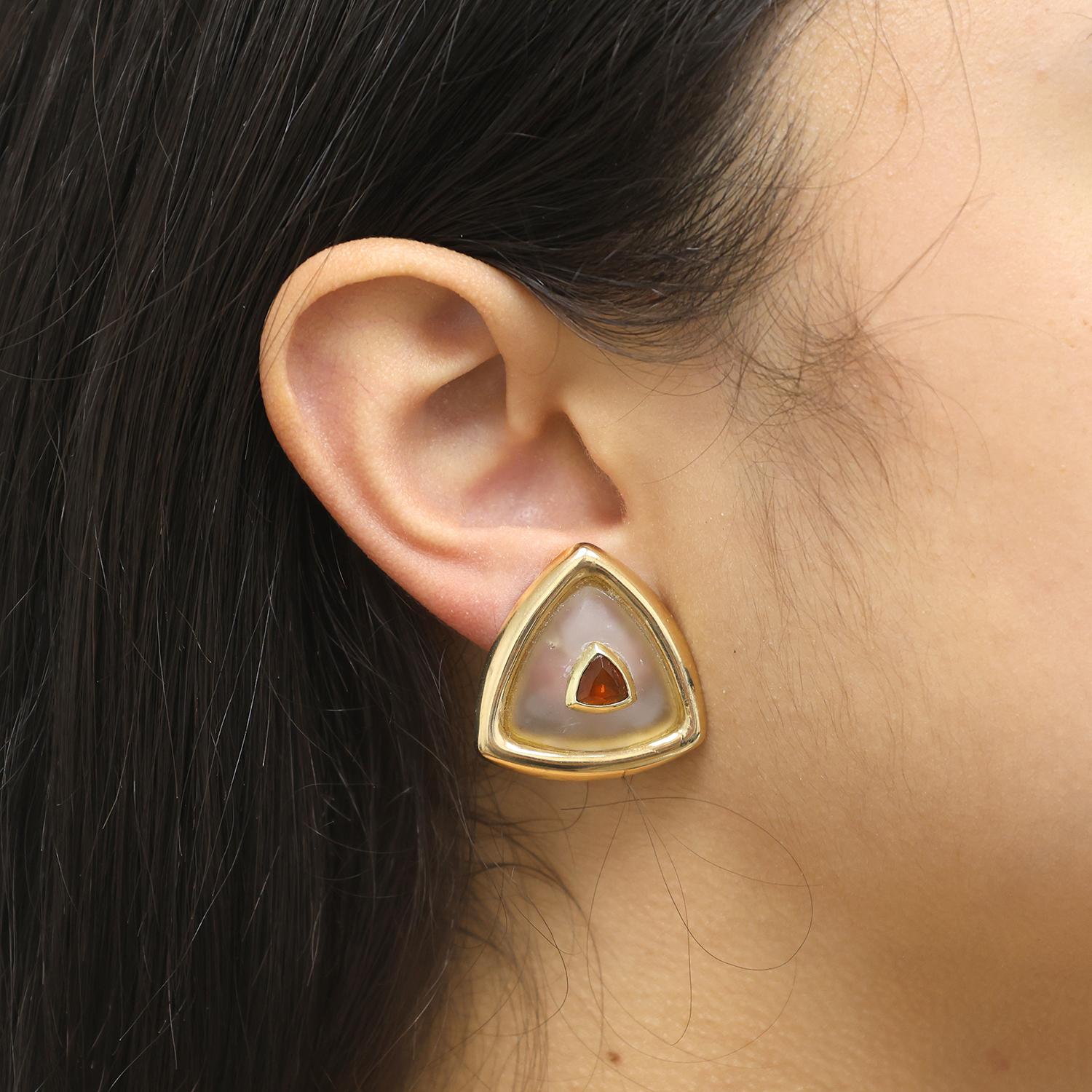 Rock Crystal Citrine Gems Triangle Stud Earrings 14K Gold 1" Omega Backs Ladies