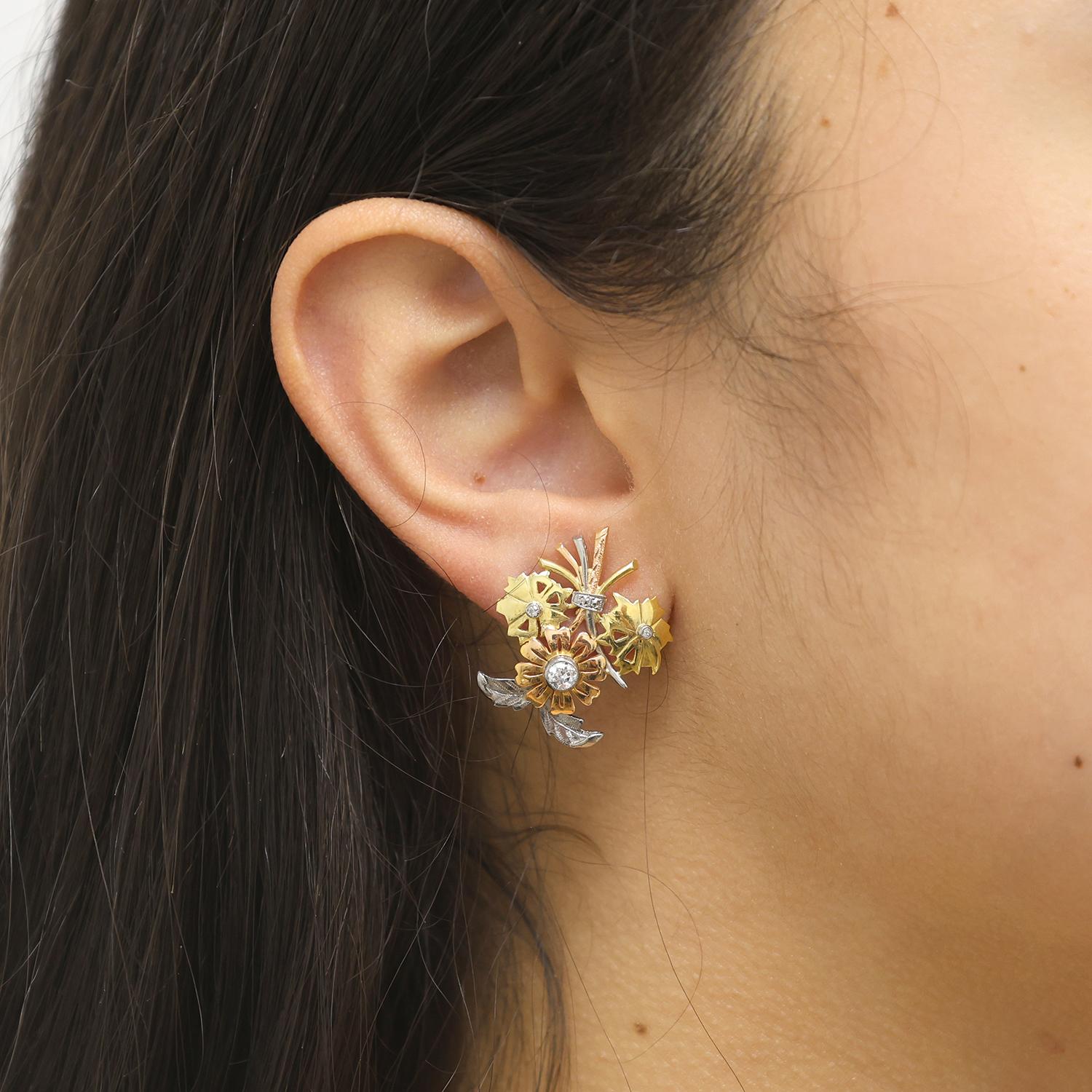 Vintage Floral Tri Color Gold Stud Earrings 0.35 TW Old European Cut Diamonds