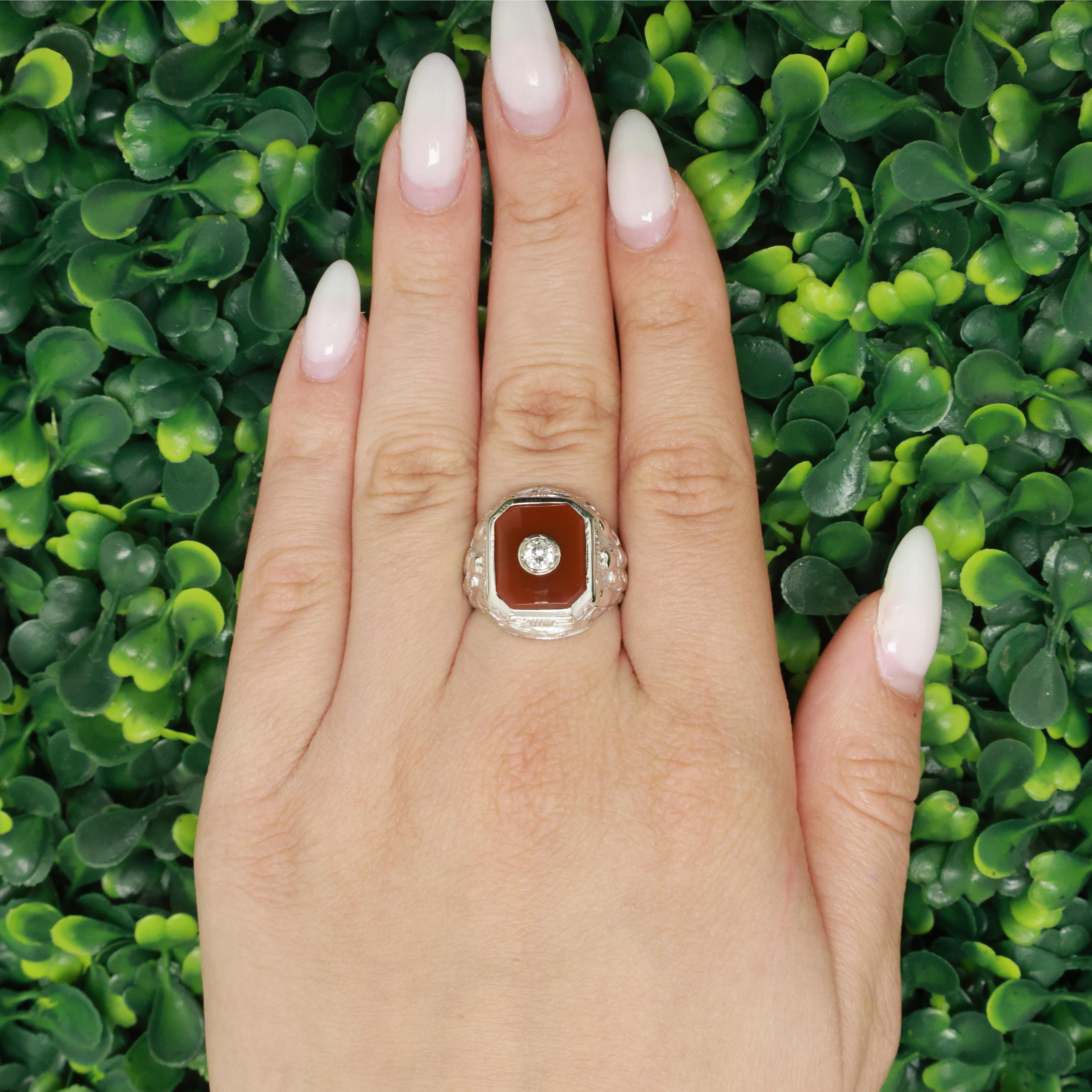 Men's Solitaire Carnelian Signet Ring Cubic Zirconia Accent White Gold Size 7.75