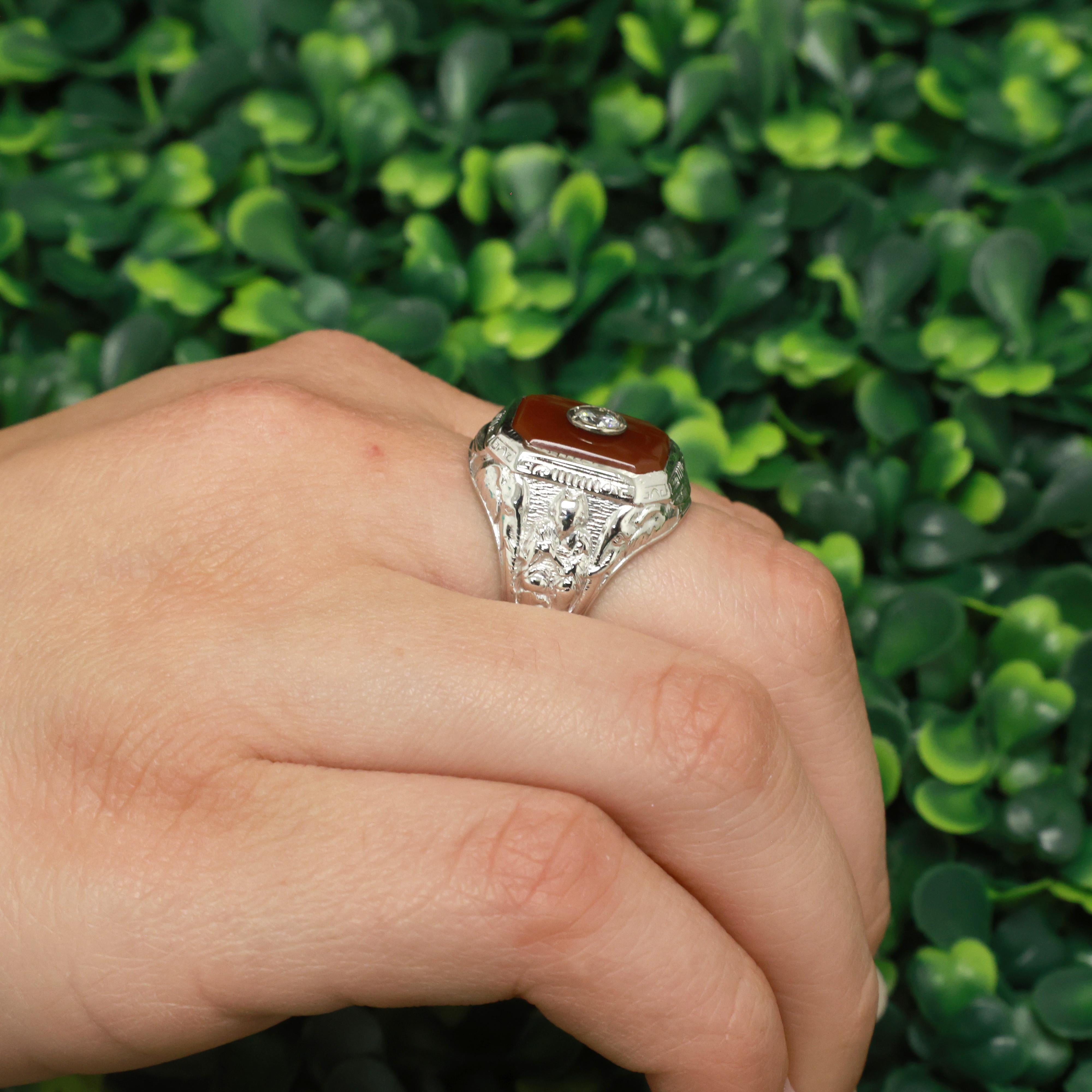 Men's Solitaire Carnelian Signet Ring Cubic Zirconia Accent White Gold Size 7.75