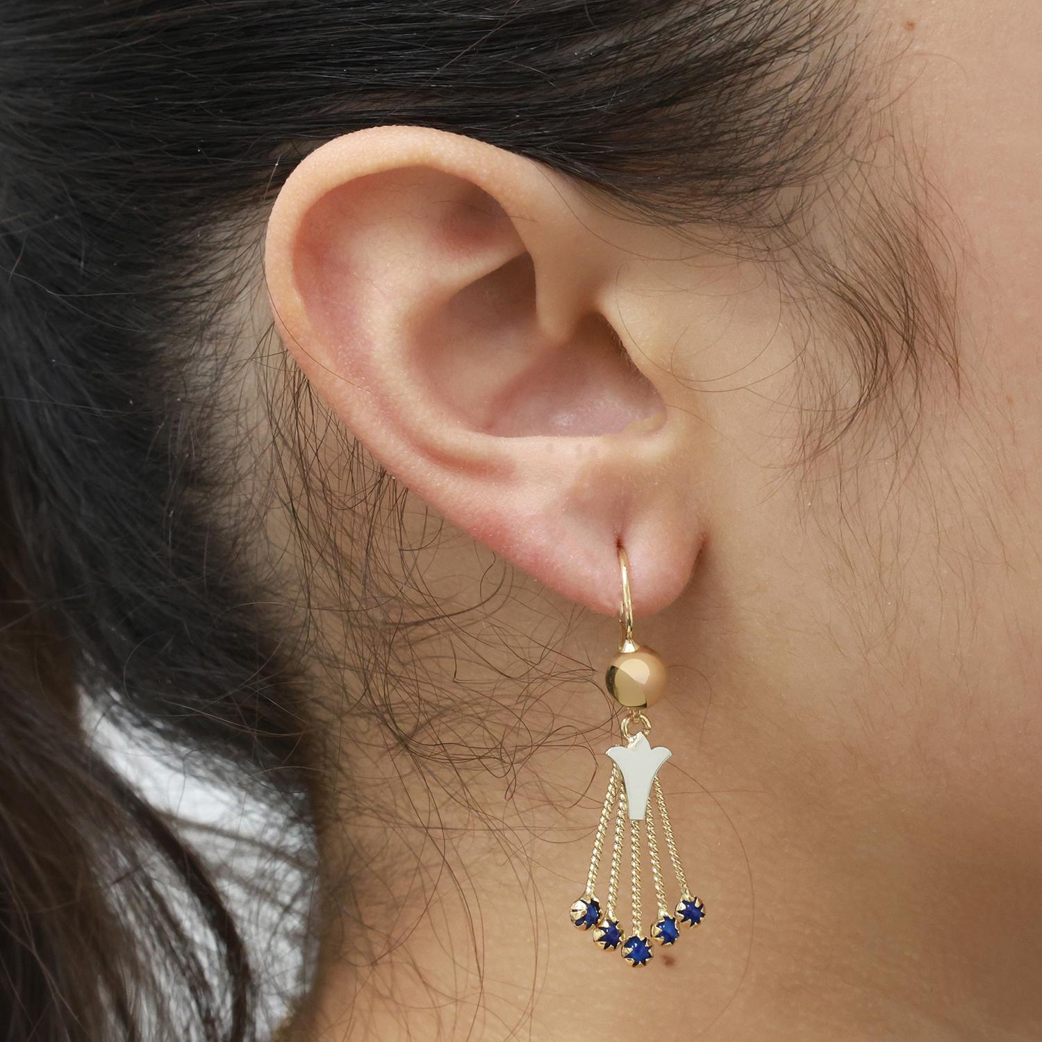 Vintage Blue Stone Drop Dangle Tassel Earrings 18K Yellow Gold 1.69" Ladies